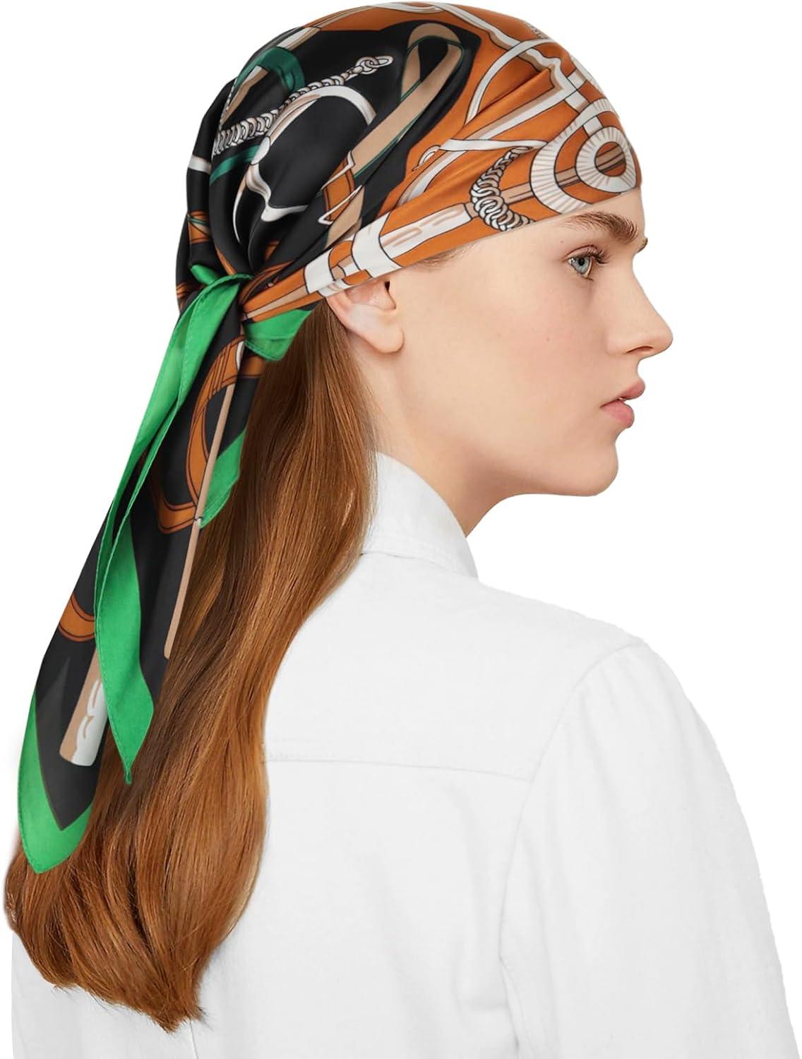 imageEXTREE Fashion Silky Satin Headscarf for Women Girls Exquisite Pattern Lightweight Silk Graceful Scarfs 275 x 275 inchesBlack Green Edge Geometric Chain