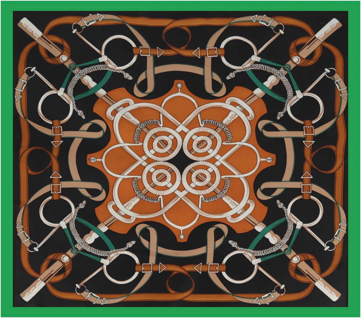 imageEXTREE Fashion Silky Satin Headscarf for Women Girls Exquisite Pattern Lightweight Silk Graceful Scarfs 275 x 275 inchesBlack Green Edge Geometric Chain