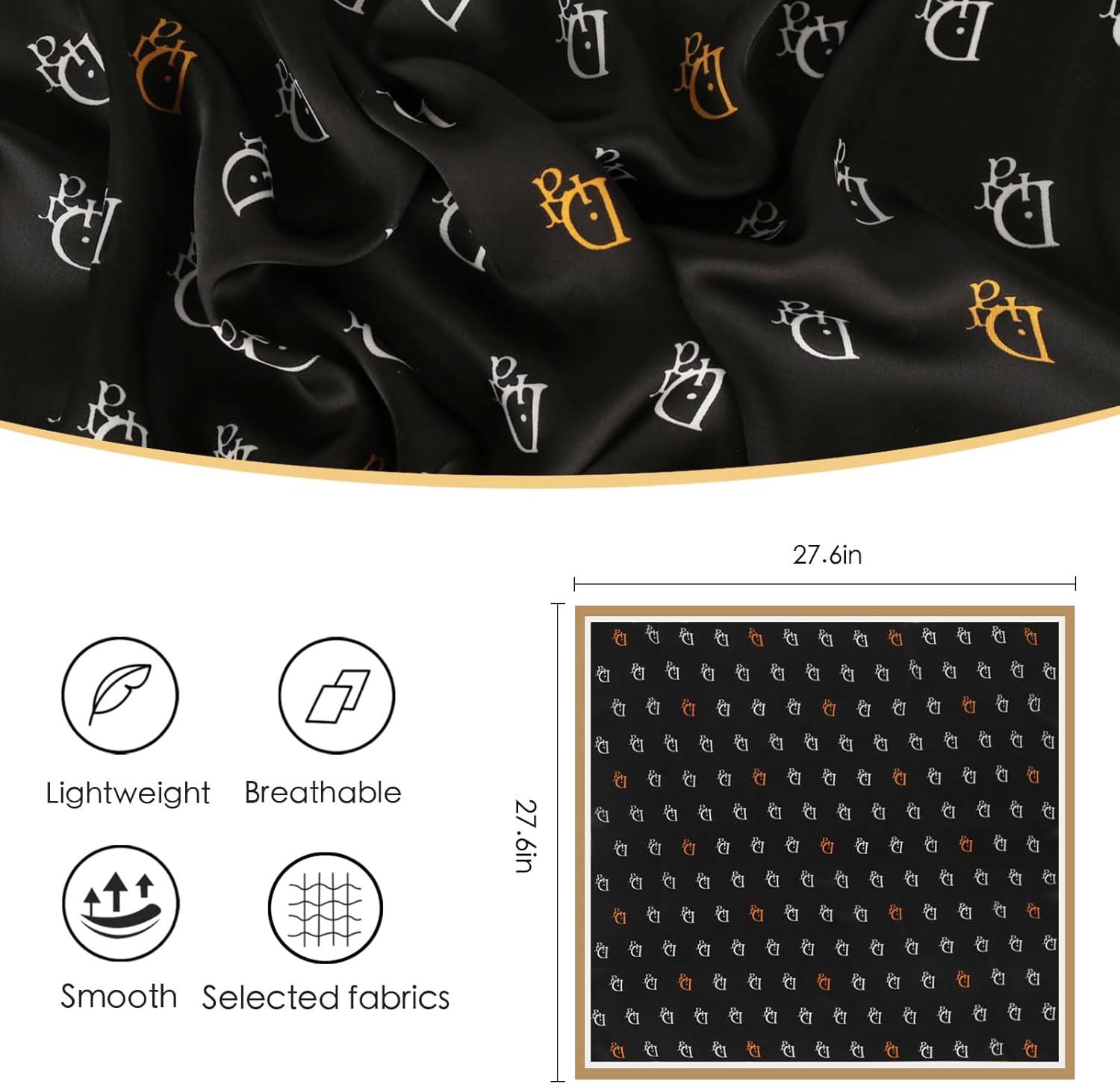 imageEXTREE Fashion Silky Satin Headscarf for Women Girls Exquisite Pattern Lightweight Silk Graceful Scarfs 275 x 275 inchesBlack Letter D