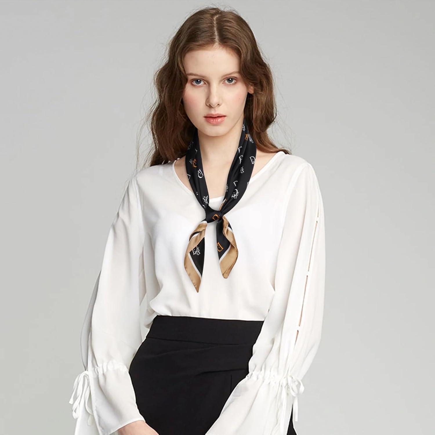 imageEXTREE Fashion Silky Satin Headscarf for Women Girls Exquisite Pattern Lightweight Silk Graceful Scarfs 275 x 275 inchesBlack Letter D