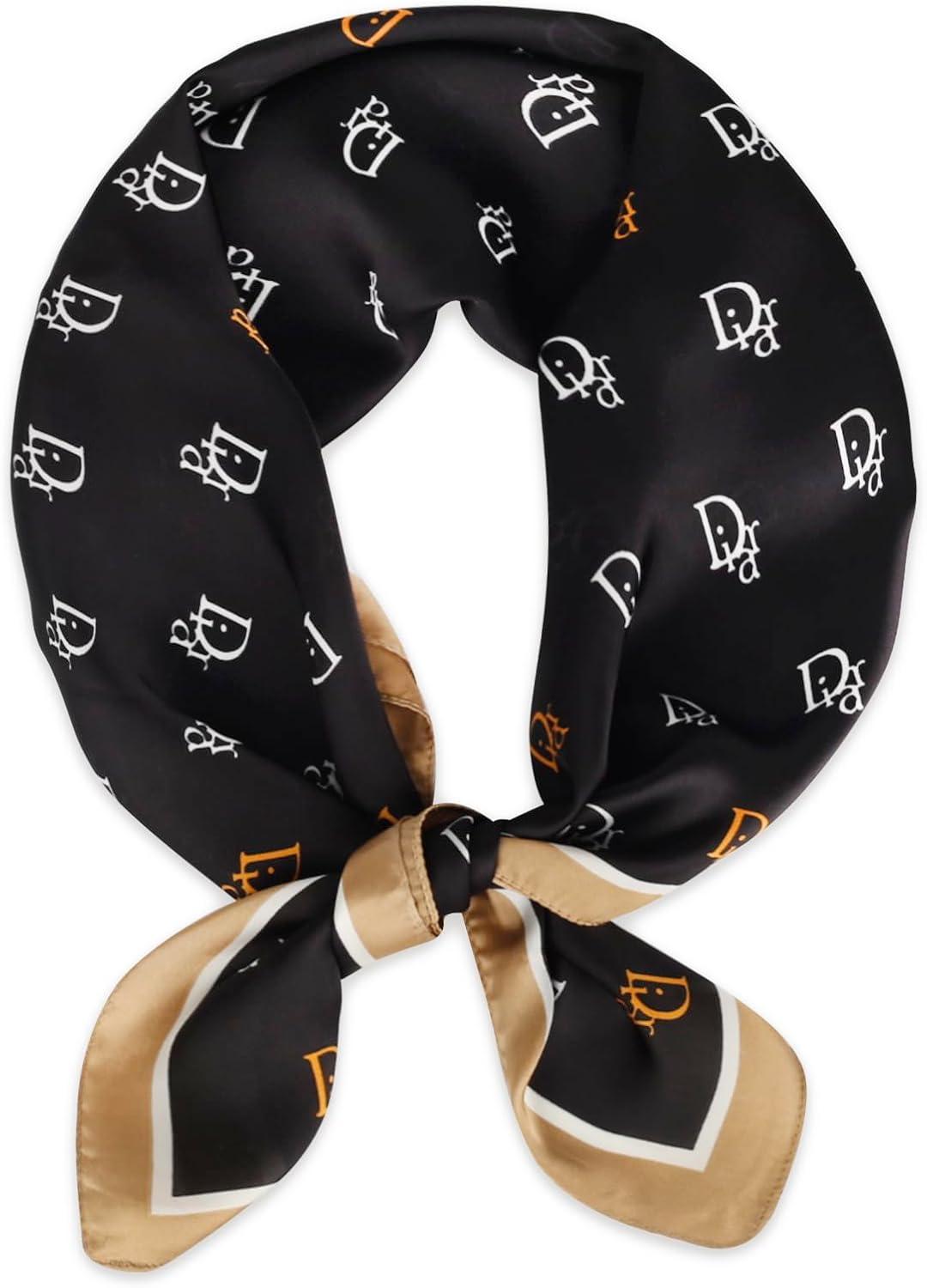 imageEXTREE Fashion Silky Satin Headscarf for Women Girls Exquisite Pattern Lightweight Silk Graceful Scarfs 275 x 275 inchesBlack Letter D