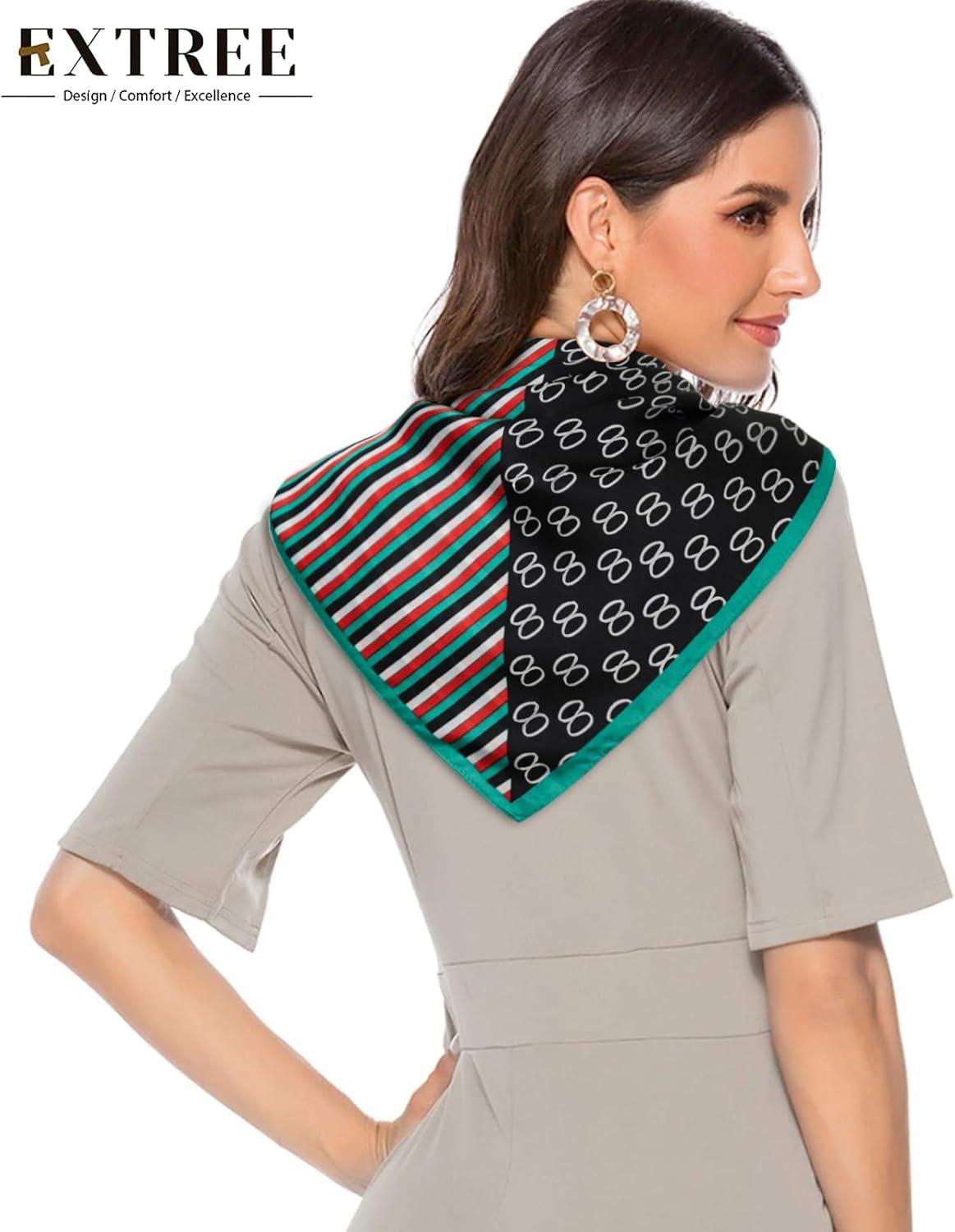 imageEXTREE Fashion Silky Satin Headscarf for Women Girls Exquisite Pattern Lightweight Silk Graceful Scarfs 275 x 275 inchesBlack With Green Edge