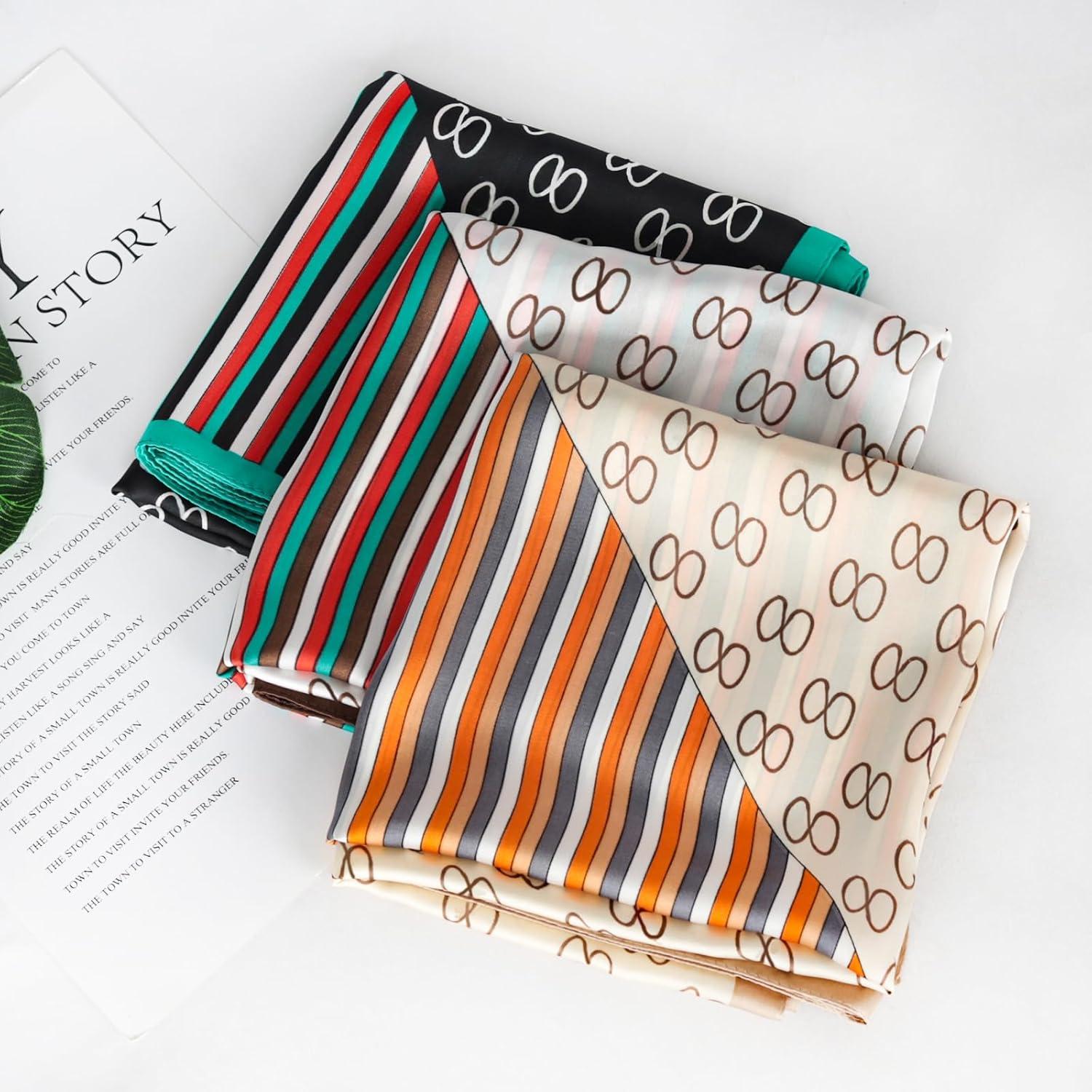 imageEXTREE Fashion Silky Satin Headscarf for Women Girls Exquisite Pattern Lightweight Silk Graceful Scarfs 275 x 275 inchesBlack With Green Edge