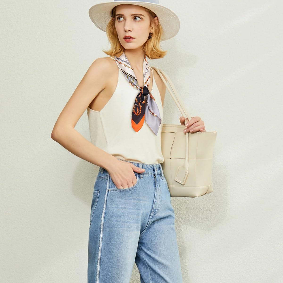 imageEXTREE Fashion Silky Satin Headscarf for Women Girls Exquisite Pattern Lightweight Silk Graceful Scarfs 275 x 275 inchesBlack and Orange Tassel