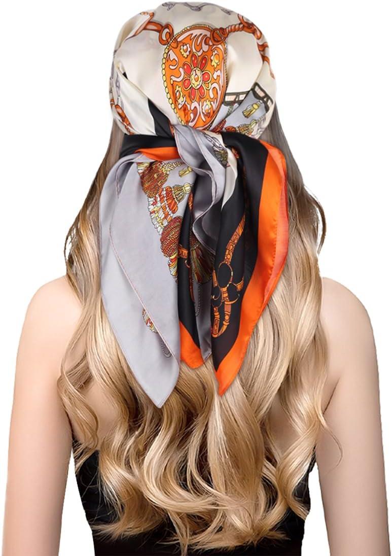 imageEXTREE Fashion Silky Satin Headscarf for Women Girls Exquisite Pattern Lightweight Silk Graceful Scarfs 275 x 275 inchesBlack and Orange Tassel