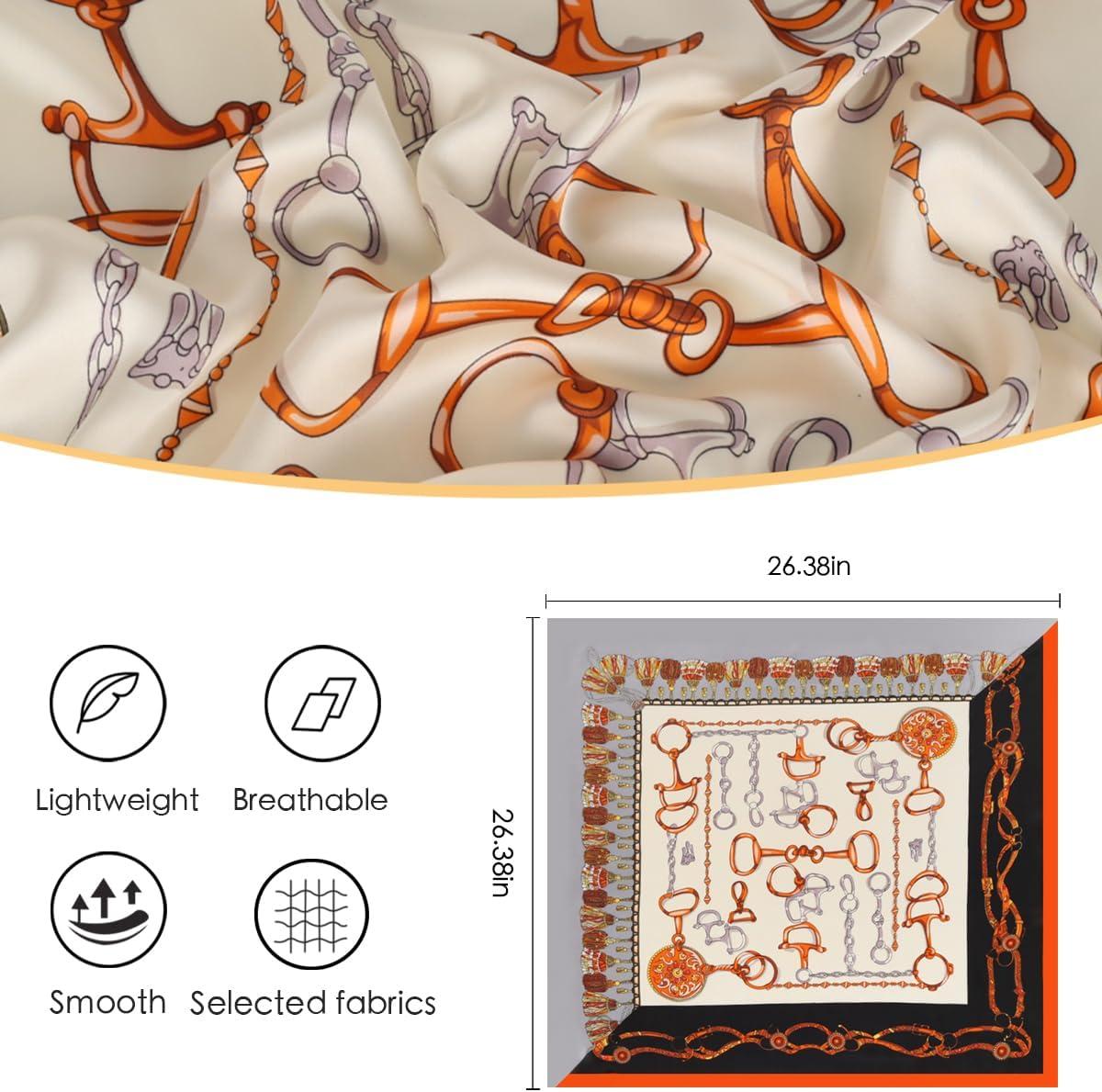 imageEXTREE Fashion Silky Satin Headscarf for Women Girls Exquisite Pattern Lightweight Silk Graceful Scarfs 275 x 275 inchesBlack and Orange Tassel