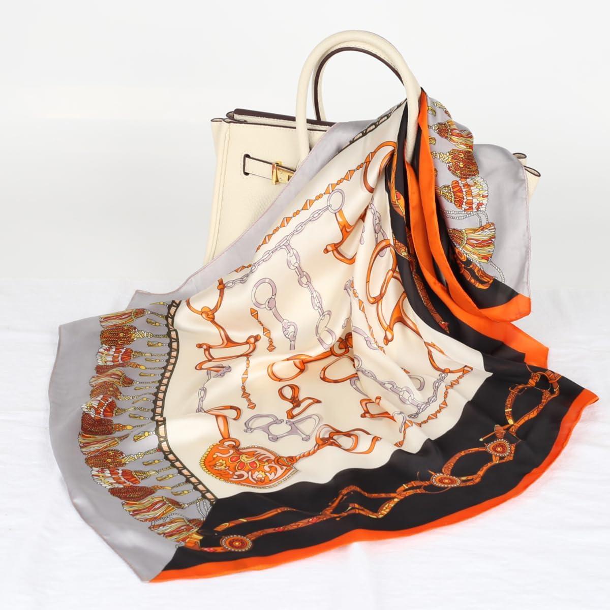 imageEXTREE Fashion Silky Satin Headscarf for Women Girls Exquisite Pattern Lightweight Silk Graceful Scarfs 275 x 275 inchesBlack and Orange Tassel