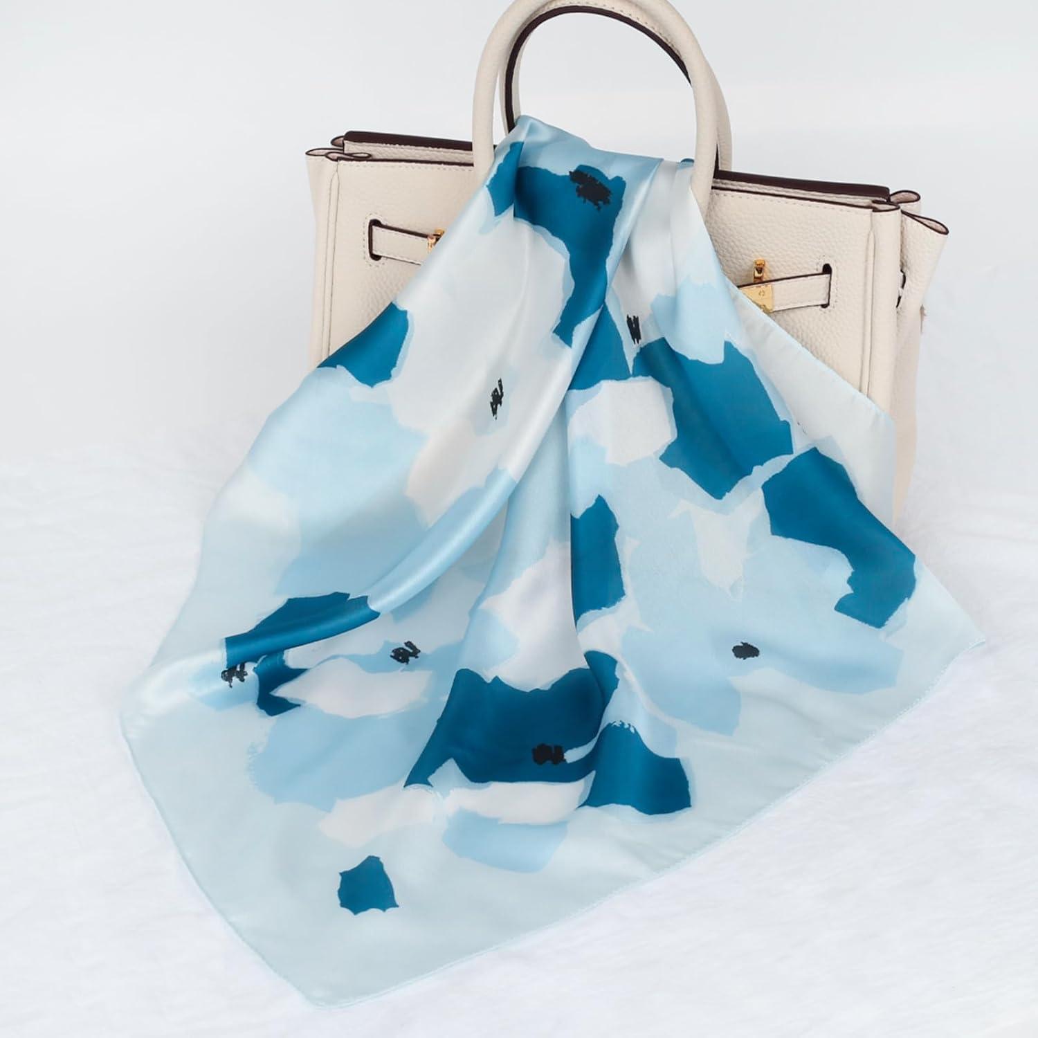 imageEXTREE Fashion Silky Satin Headscarf for Women Girls Exquisite Pattern Lightweight Silk Graceful Scarfs 275 x 275 inchesBlue Dreamy Dots