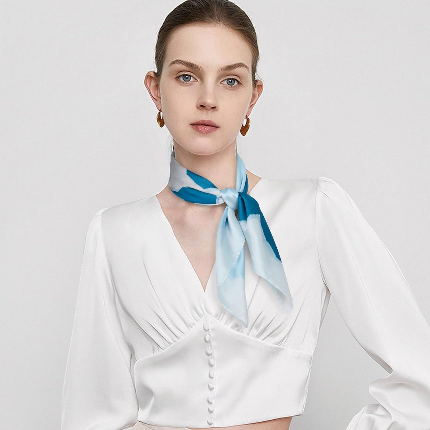 imageEXTREE Fashion Silky Satin Headscarf for Women Girls Exquisite Pattern Lightweight Silk Graceful Scarfs 275 x 275 inchesBlue Dreamy Dots