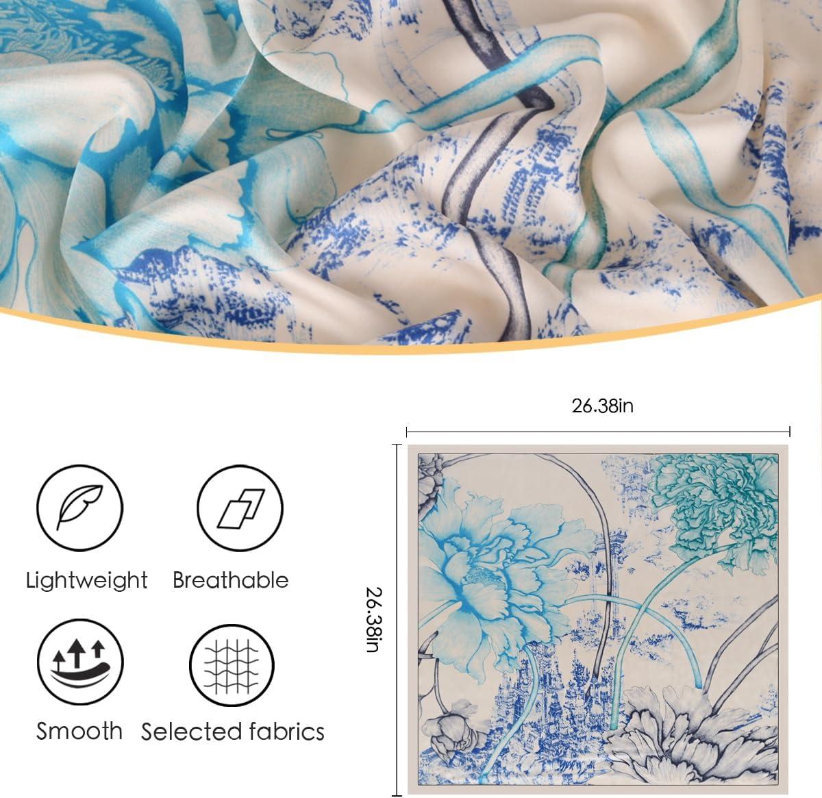 imageEXTREE Fashion Silky Satin Headscarf for Women Girls Exquisite Pattern Lightweight Silk Graceful Scarfs 275 x 275 inchesBlue and Green Peony Fantasy