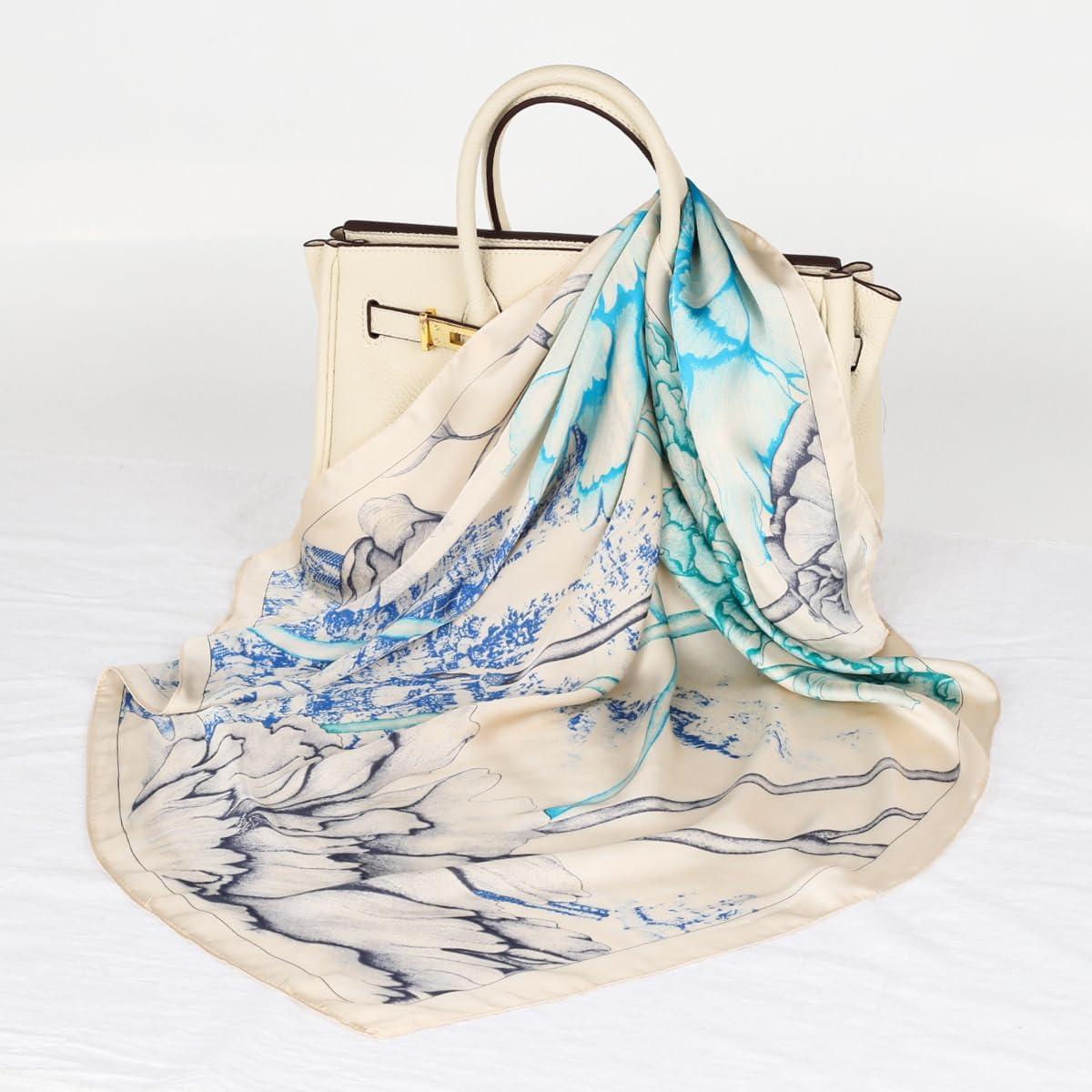 imageEXTREE Fashion Silky Satin Headscarf for Women Girls Exquisite Pattern Lightweight Silk Graceful Scarfs 275 x 275 inchesBlue and Green Peony Fantasy