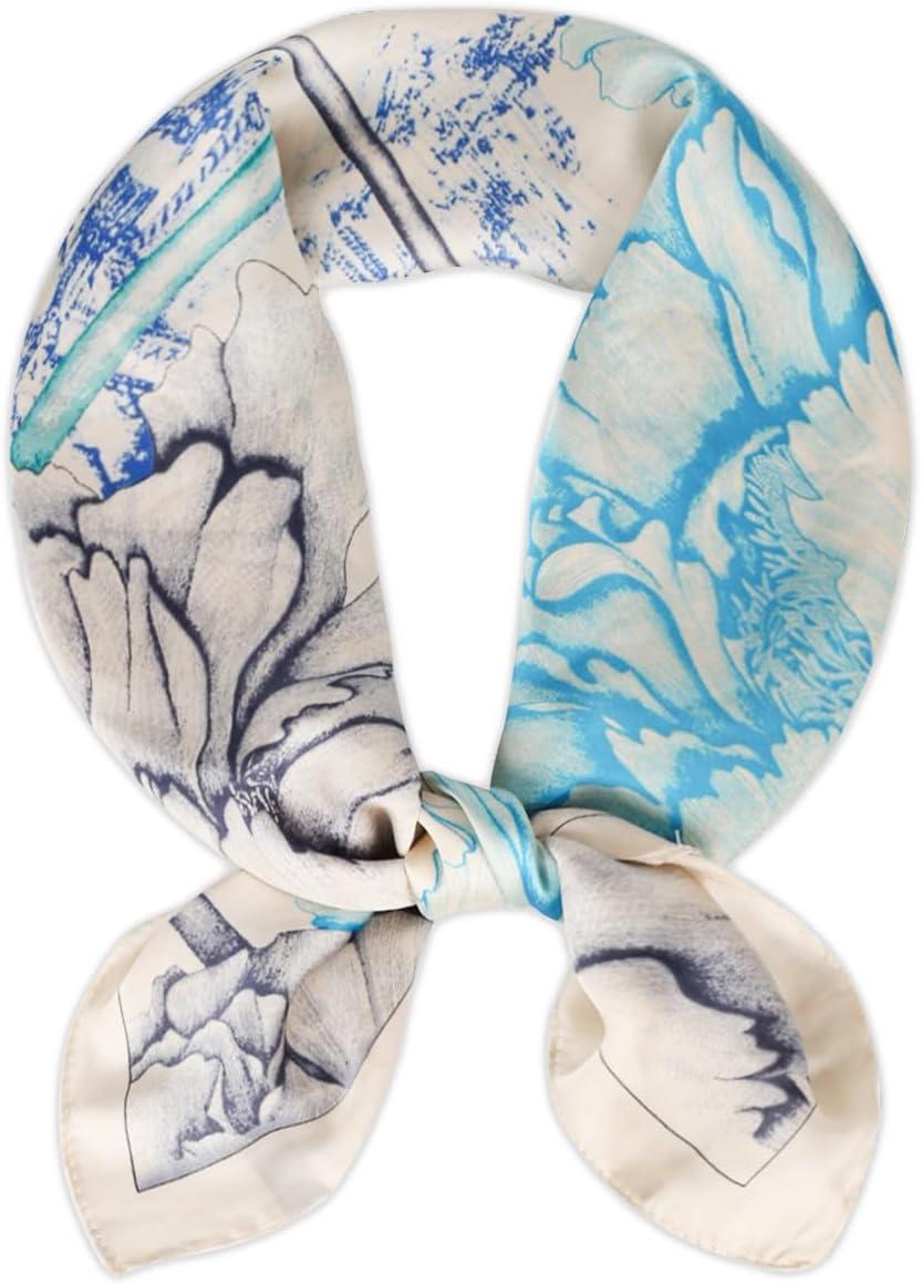 imageEXTREE Fashion Silky Satin Headscarf for Women Girls Exquisite Pattern Lightweight Silk Graceful Scarfs 275 x 275 inchesBlue and Green Peony Fantasy