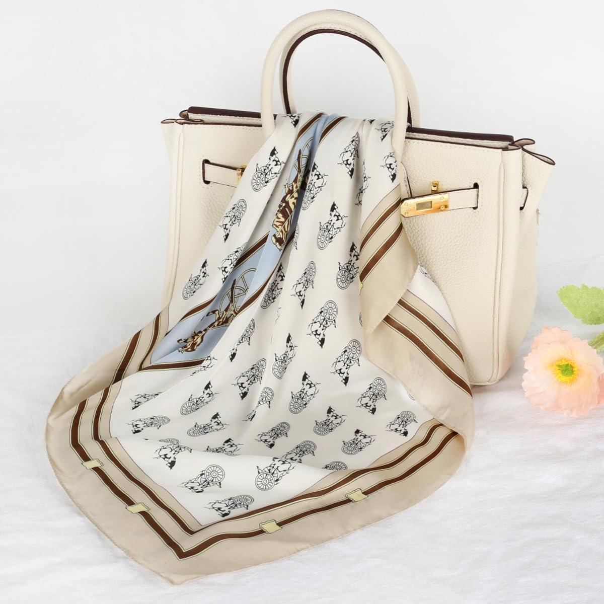 imageEXTREE Fashion Silky Satin Headscarf for Women Girls Exquisite Pattern Lightweight Silk Graceful Scarfs 275 x 275 inchesBlue and White Carriage