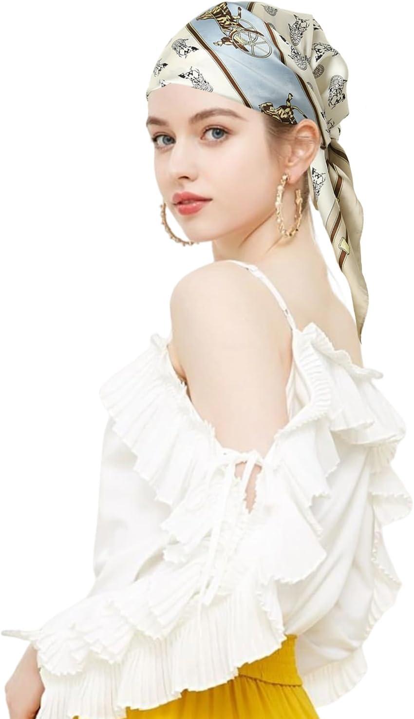 imageEXTREE Fashion Silky Satin Headscarf for Women Girls Exquisite Pattern Lightweight Silk Graceful Scarfs 275 x 275 inchesBlue and White Carriage