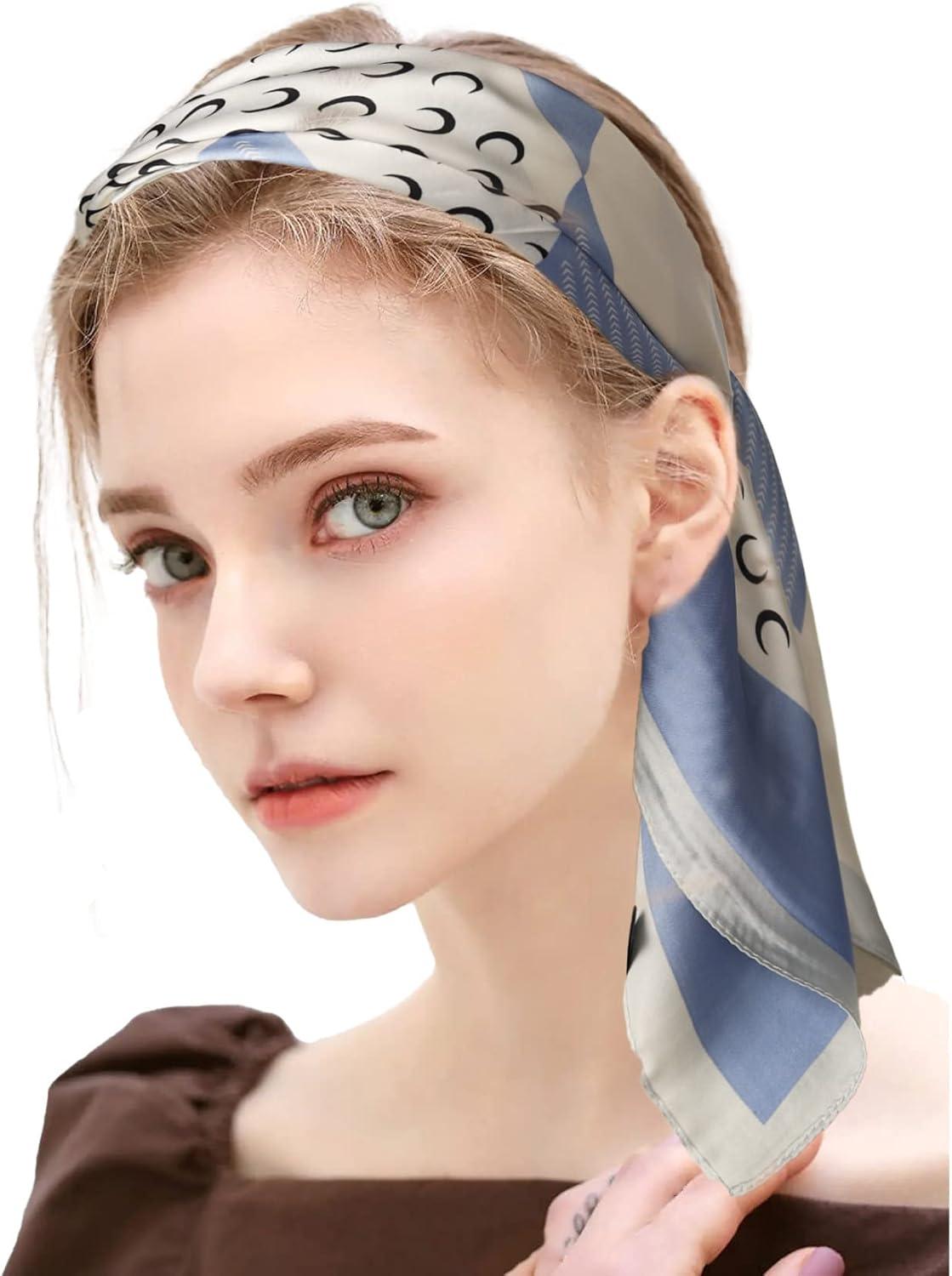 imageEXTREE Fashion Silky Satin Headscarf for Women Girls Exquisite Pattern Lightweight Silk Graceful Scarfs 275 x 275 inchesBlue and White Moon