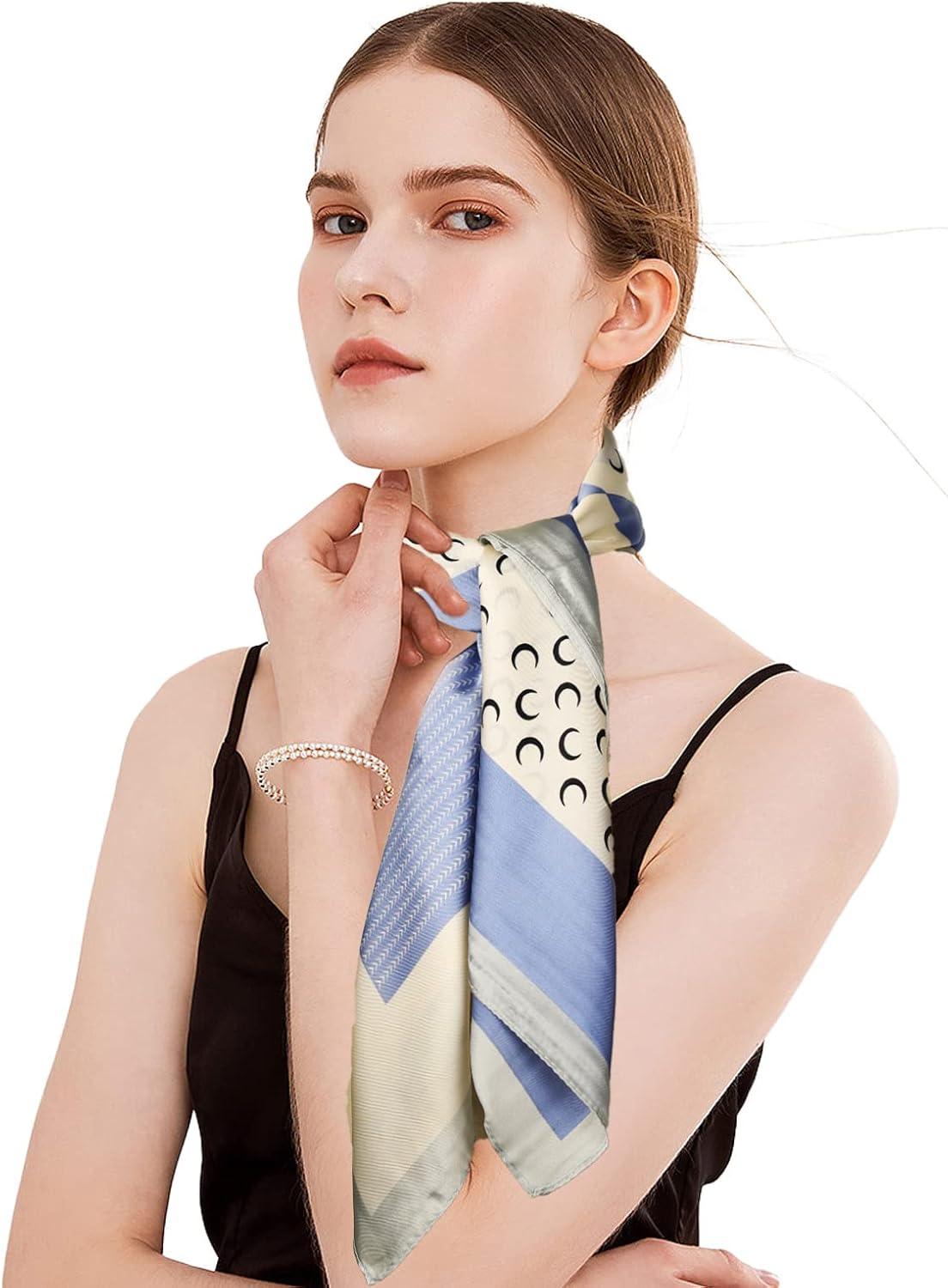 imageEXTREE Fashion Silky Satin Headscarf for Women Girls Exquisite Pattern Lightweight Silk Graceful Scarfs 275 x 275 inchesBlue and White Moon
