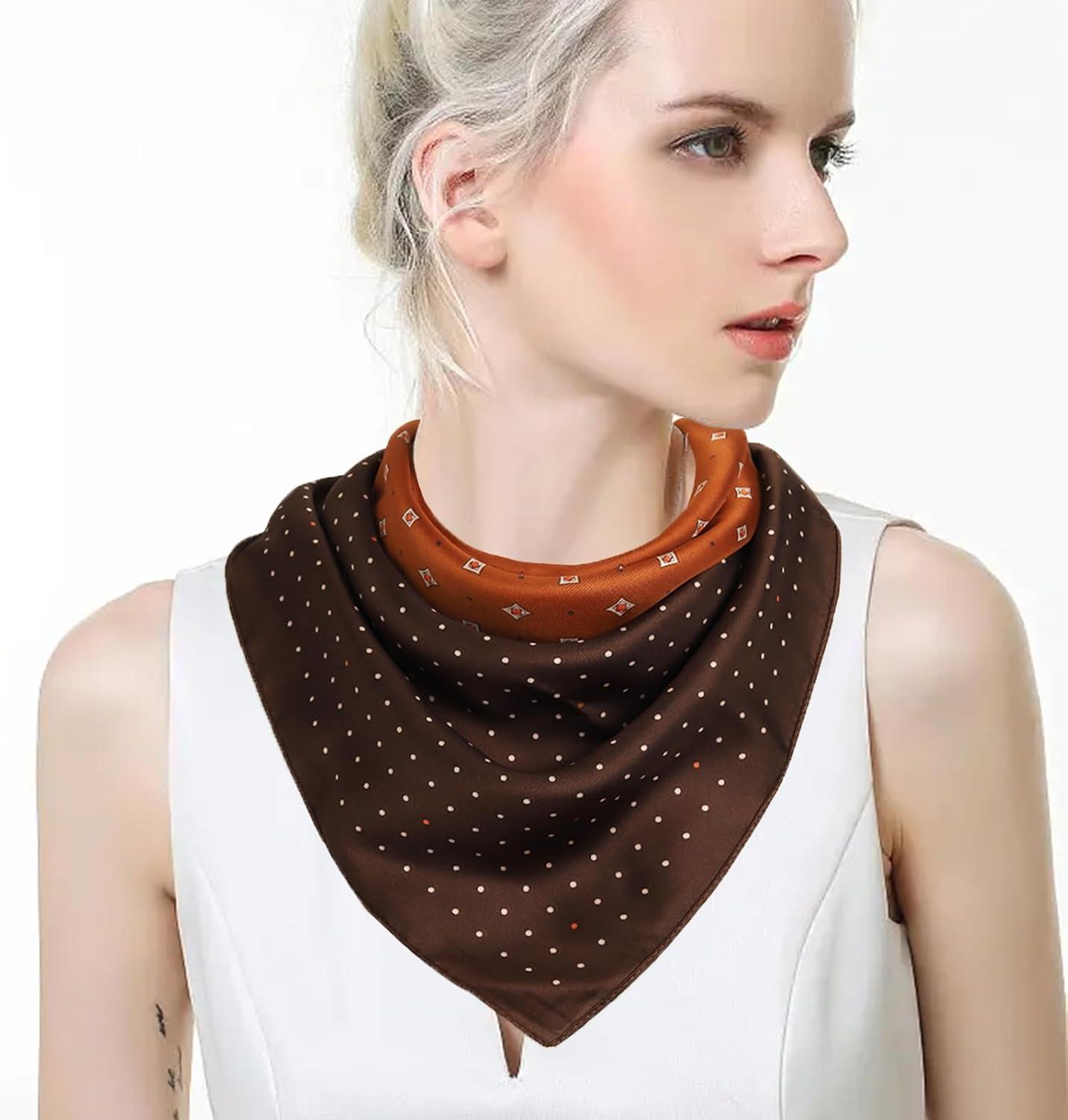 imageEXTREE Fashion Silky Satin Headscarf for Women Girls Exquisite Pattern Lightweight Silk Graceful Scarfs 275 x 275 inchesBrown Print