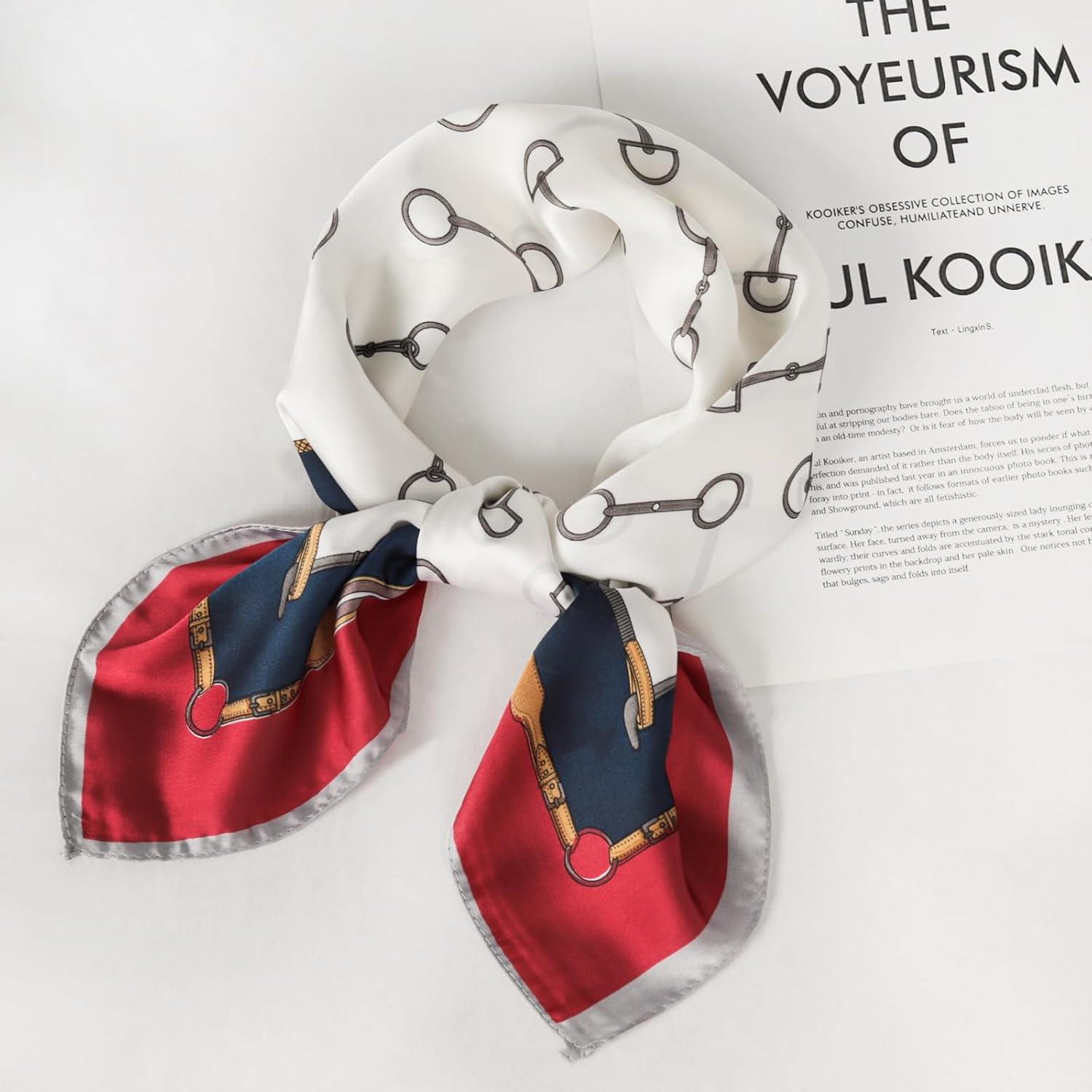 imageEXTREE Fashion Silky Satin Headscarf for Women Girls Exquisite Pattern Lightweight Silk Graceful Scarfs 275 x 275 inchesBurgundy Edge Horseshoe Buckle