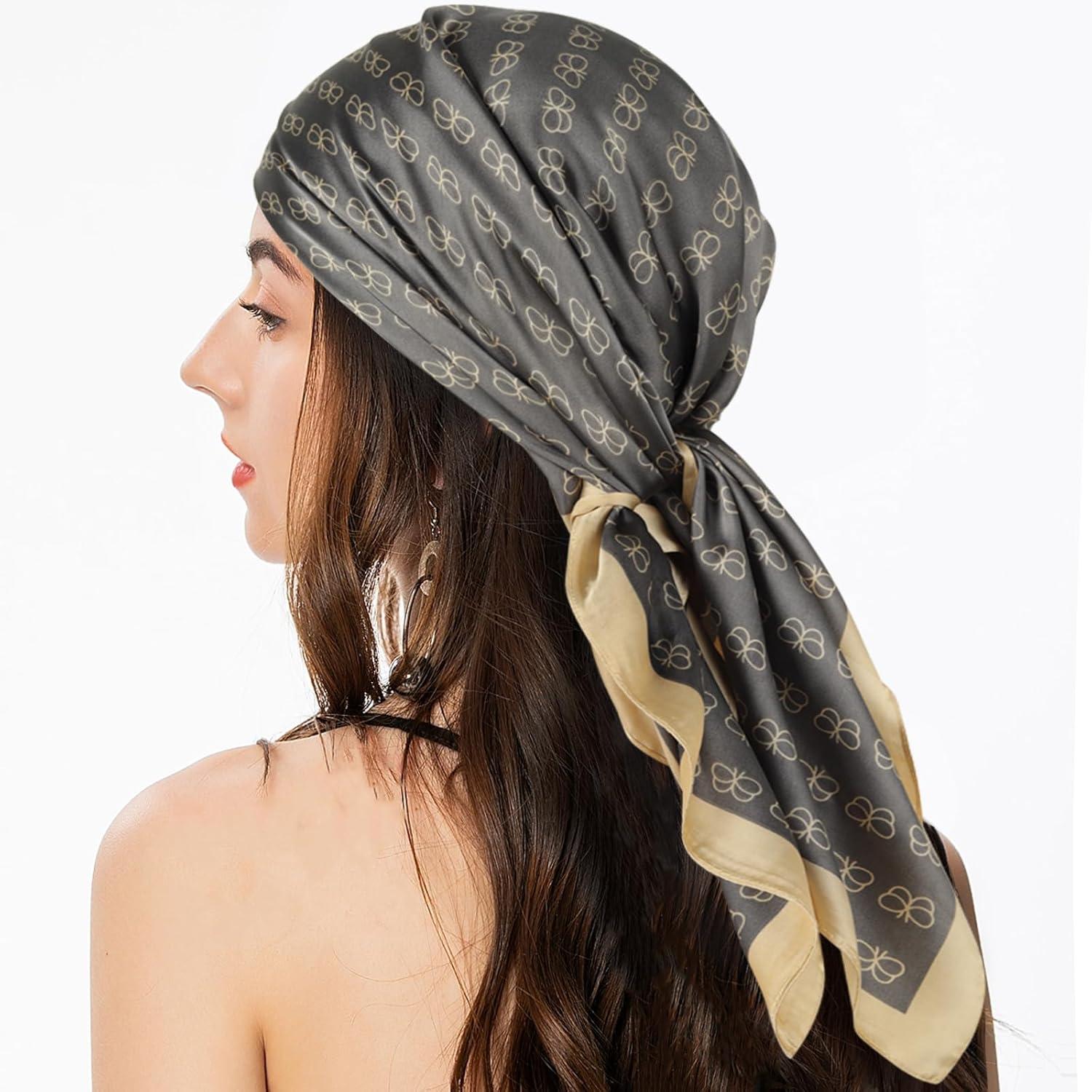 imageEXTREE Fashion Silky Satin Headscarf for Women Girls Exquisite Pattern Lightweight Silk Graceful Scarfs 275 x 275 inchesButterfly Dark Gray