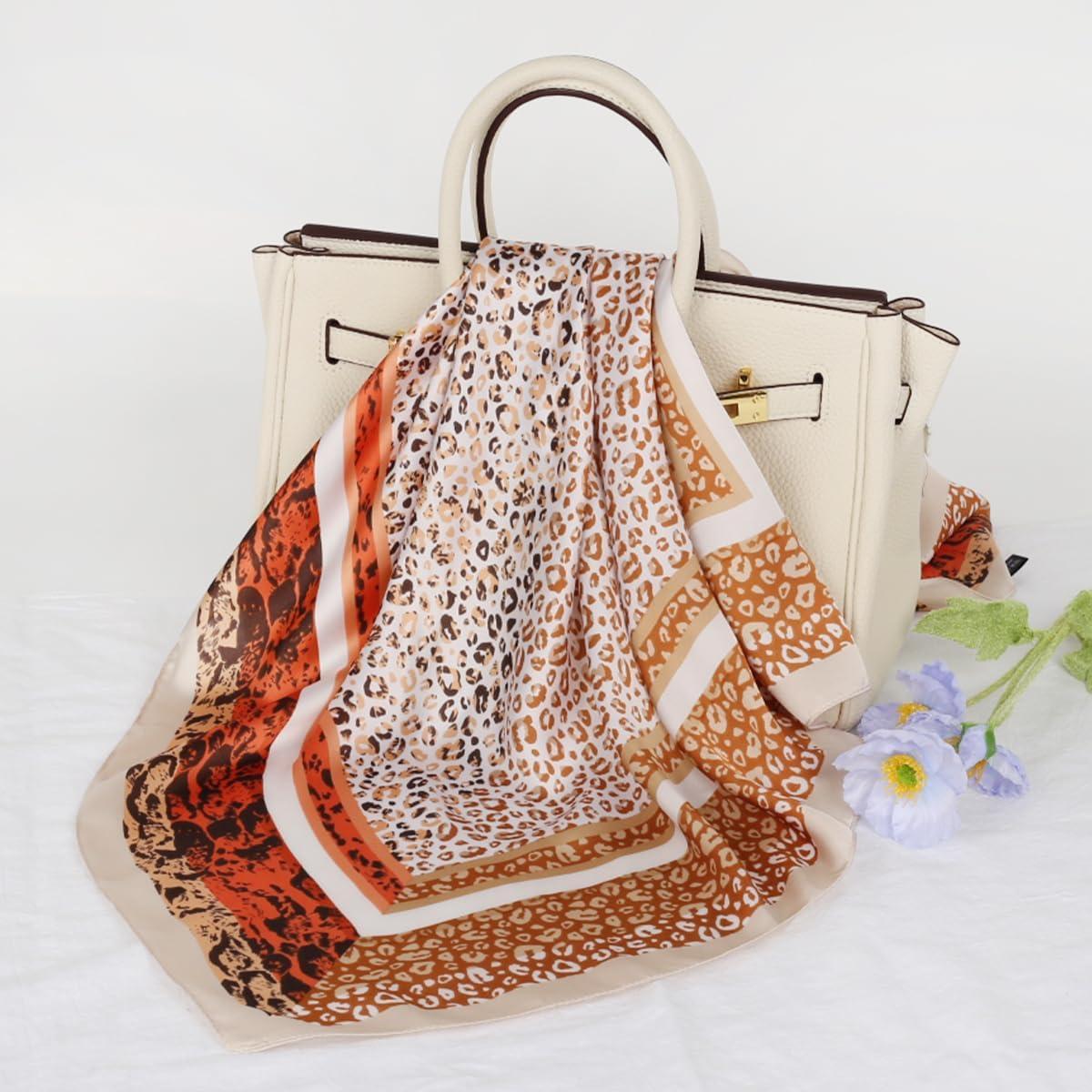 imageEXTREE Fashion Silky Satin Headscarf for Women Girls Exquisite Pattern Lightweight Silk Graceful Scarfs 275 x 275 inchesCamel Coffee With Small Leopard Print Border