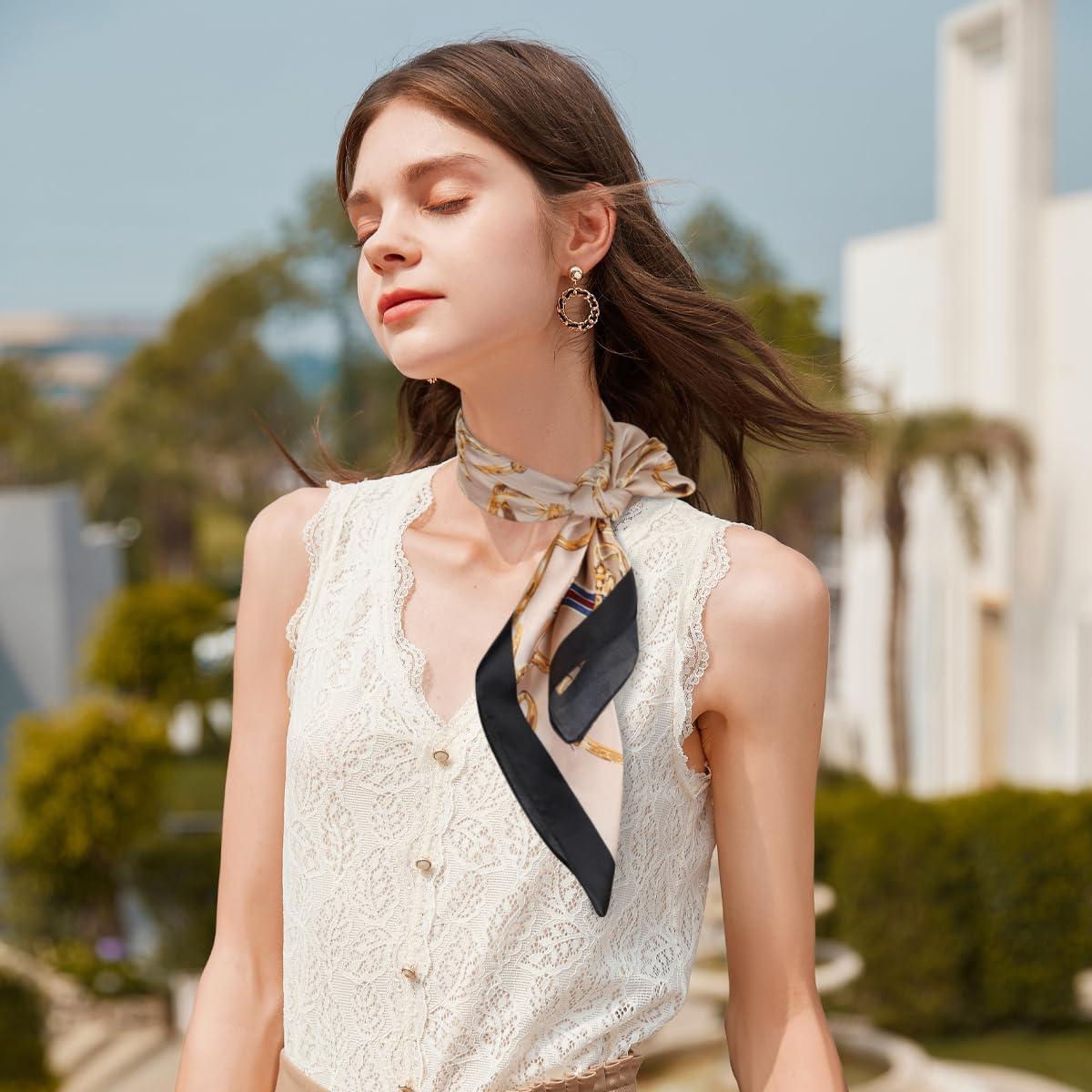 imageEXTREE Fashion Silky Satin Headscarf for Women Girls Exquisite Pattern Lightweight Silk Graceful Scarfs 275 x 275 inchesChain Beige