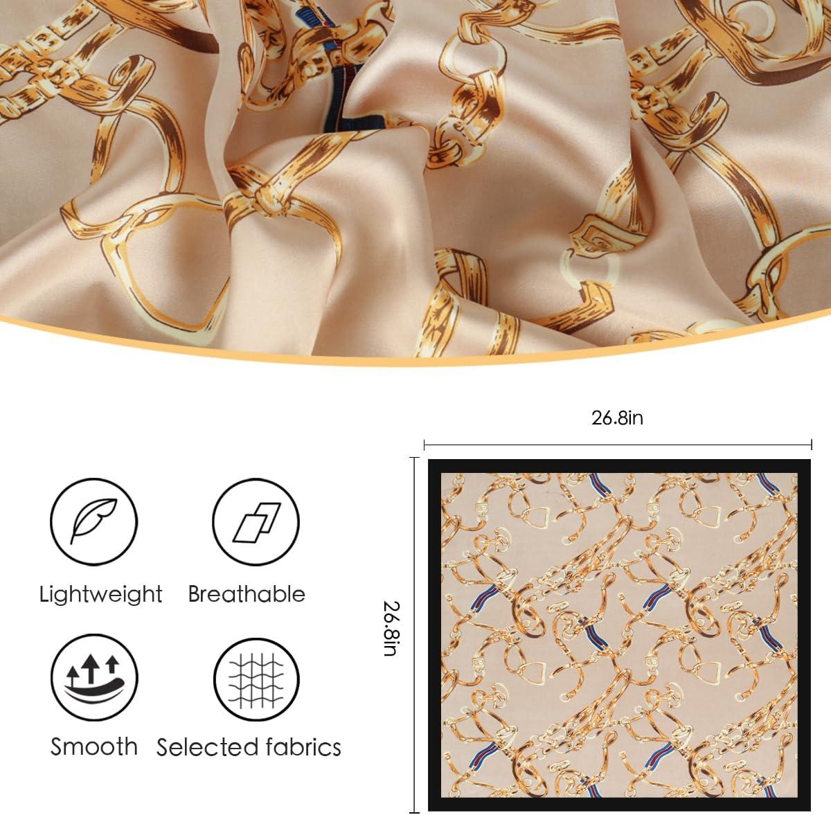 imageEXTREE Fashion Silky Satin Headscarf for Women Girls Exquisite Pattern Lightweight Silk Graceful Scarfs 275 x 275 inchesChain Beige