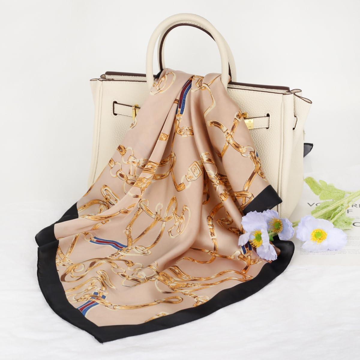 imageEXTREE Fashion Silky Satin Headscarf for Women Girls Exquisite Pattern Lightweight Silk Graceful Scarfs 275 x 275 inchesChain Beige