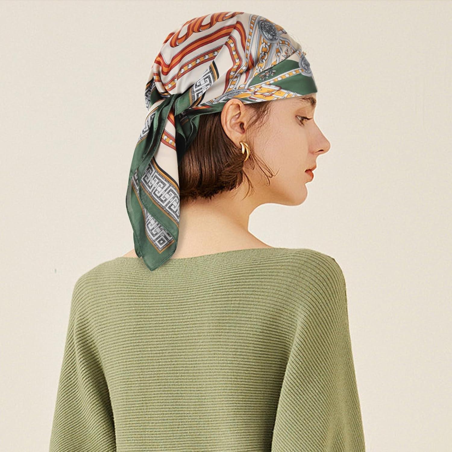 imageEXTREE Fashion Silky Satin Headscarf for Women Girls Exquisite Pattern Lightweight Silk Graceful Scarfs 275 x 275 inchesChain Great Wall Green