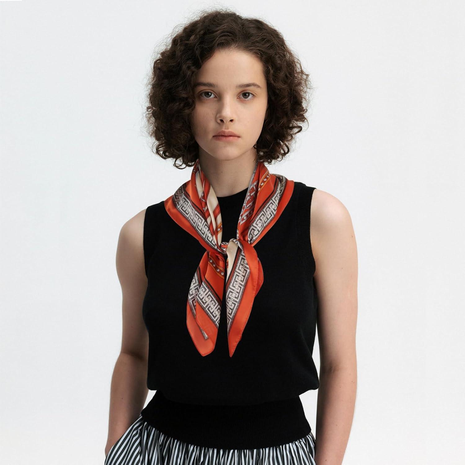 imageEXTREE Fashion Silky Satin Headscarf for Women Girls Exquisite Pattern Lightweight Silk Graceful Scarfs 275 x 275 inchesChain Great Wall Red Rice