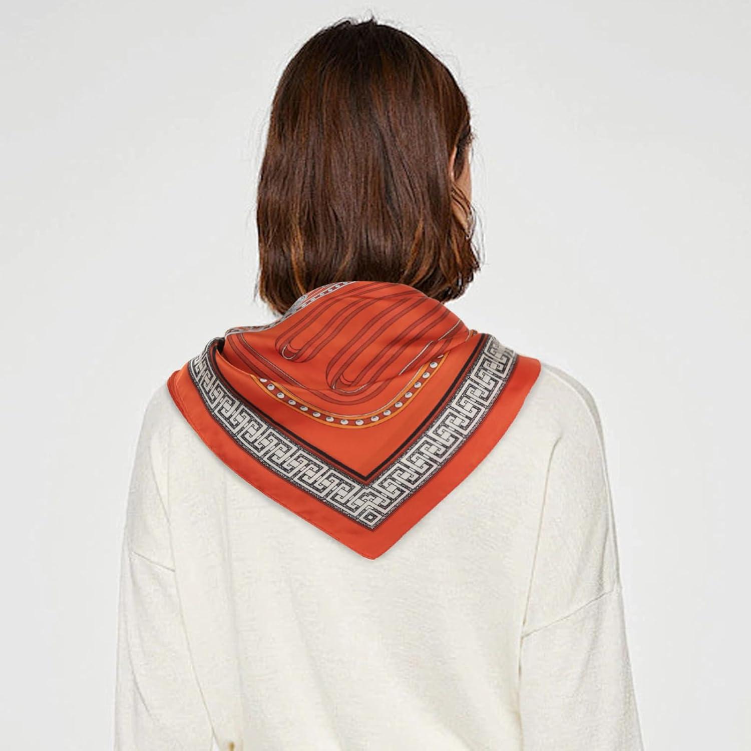 imageEXTREE Fashion Silky Satin Headscarf for Women Girls Exquisite Pattern Lightweight Silk Graceful Scarfs 275 x 275 inchesChain Great Wall Red Rice