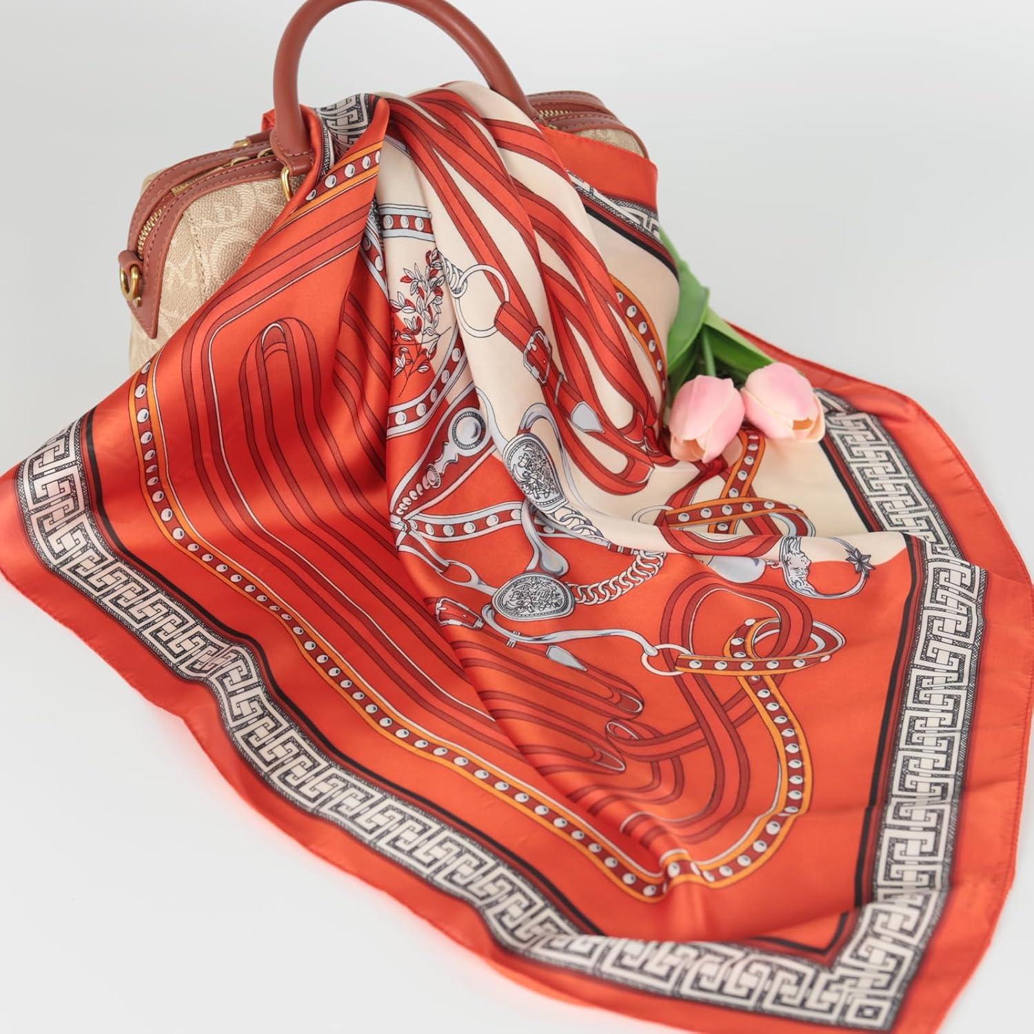 imageEXTREE Fashion Silky Satin Headscarf for Women Girls Exquisite Pattern Lightweight Silk Graceful Scarfs 275 x 275 inchesChain Great Wall Red Rice