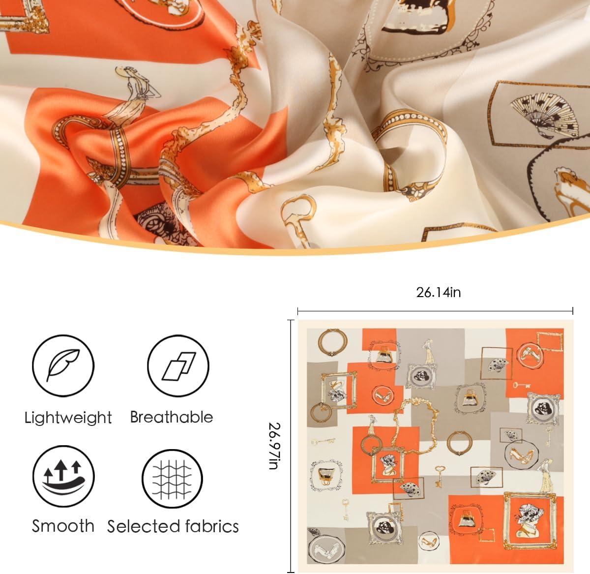 imageEXTREE Fashion Silky Satin Headscarf for Women Girls Exquisite Pattern Lightweight Silk Graceful Scarfs 275 x 275 inchesCharacter Photo Frame Orange
