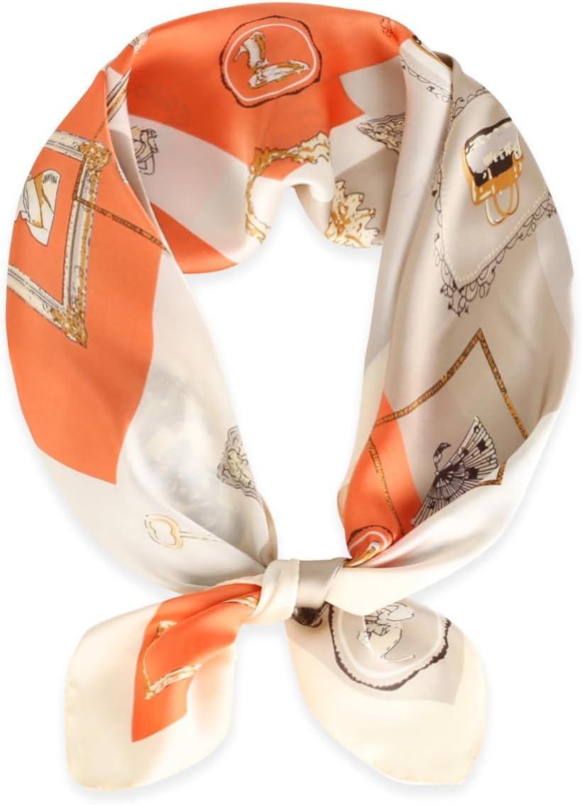 imageEXTREE Fashion Silky Satin Headscarf for Women Girls Exquisite Pattern Lightweight Silk Graceful Scarfs 275 x 275 inchesCharacter Photo Frame Orange