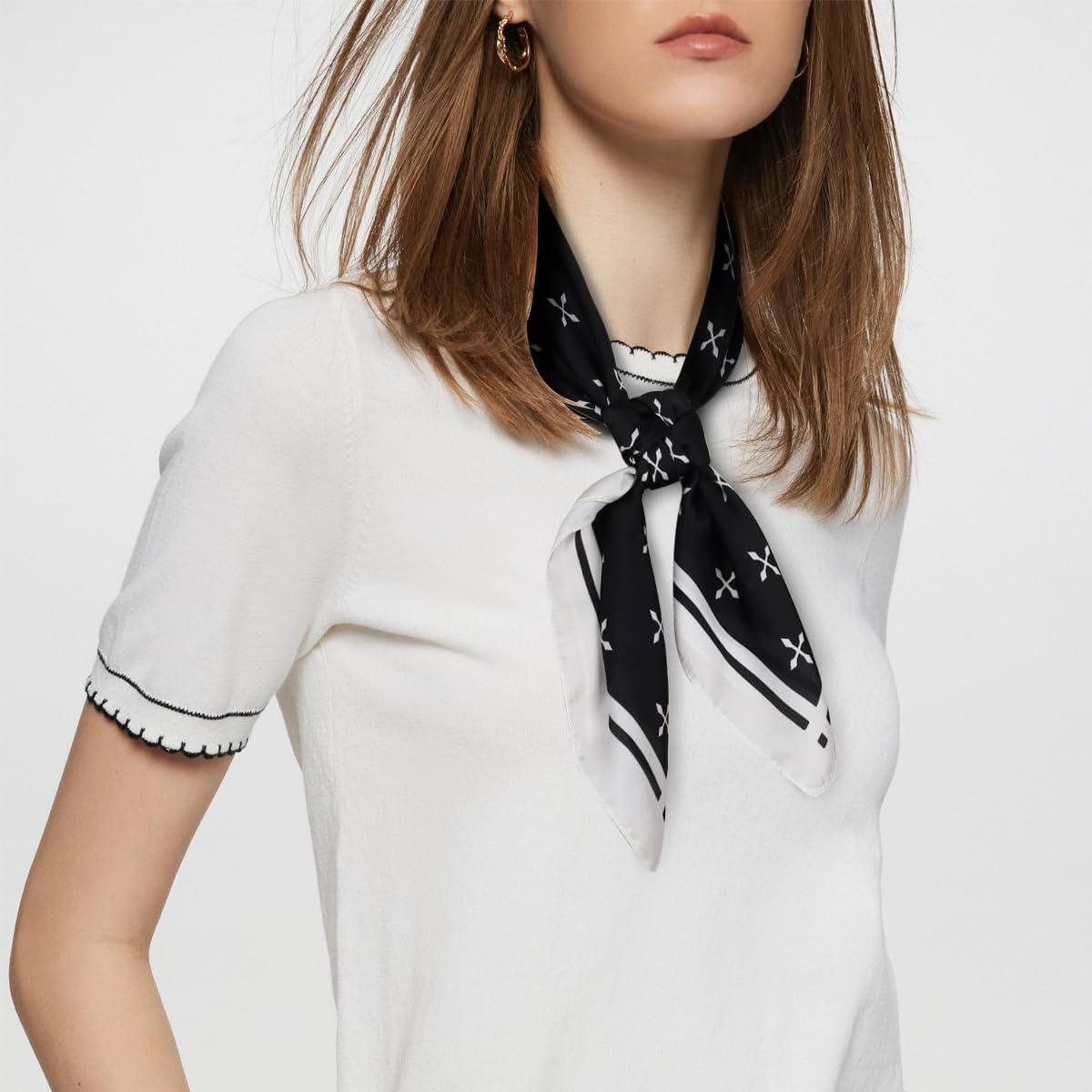 imageEXTREE Fashion Silky Satin Headscarf for Women Girls Exquisite Pattern Lightweight Silk Graceful Scarfs 275 x 275 inchesCross Arrow Black