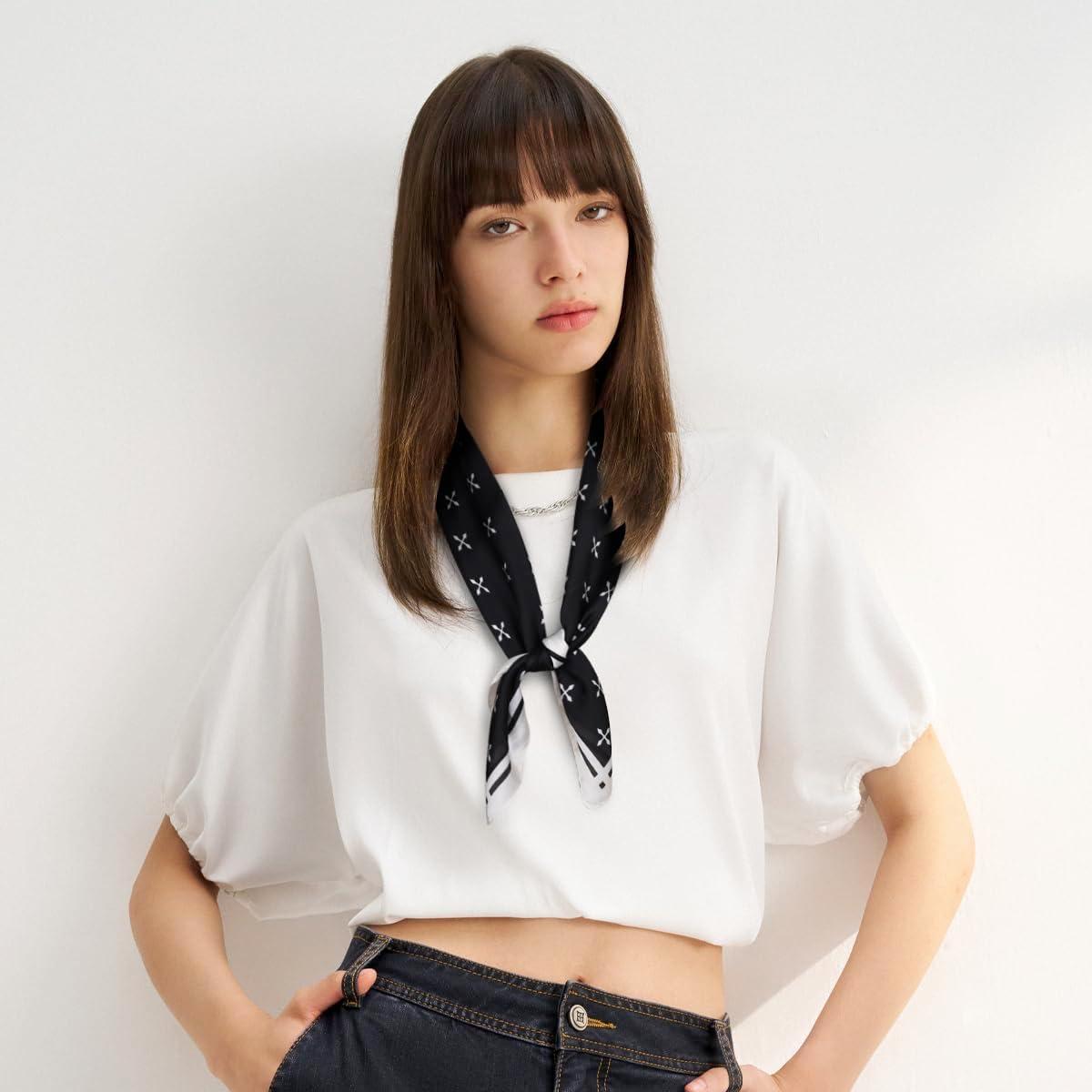 imageEXTREE Fashion Silky Satin Headscarf for Women Girls Exquisite Pattern Lightweight Silk Graceful Scarfs 275 x 275 inchesCross Arrow Black