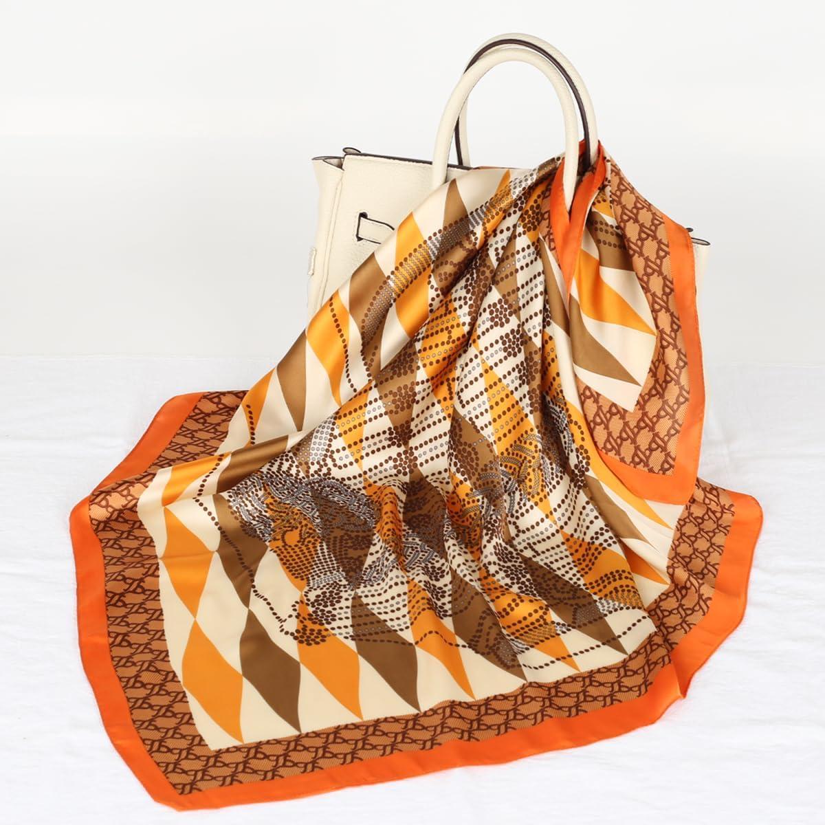 imageEXTREE Fashion Silky Satin Headscarf for Women Girls Exquisite Pattern Lightweight Silk Graceful Scarfs 275 x 275 inchesDiamond Orange Edge