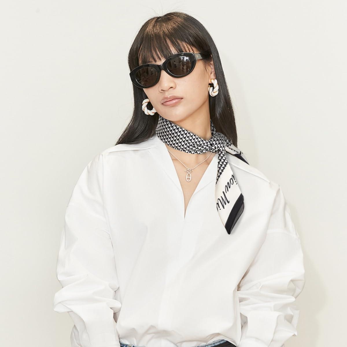 imageEXTREE Fashion Silky Satin Headscarf for Women Girls Exquisite Pattern Lightweight Silk Graceful Scarfs 275 x 275 inchesEnglish Houndstooth Black