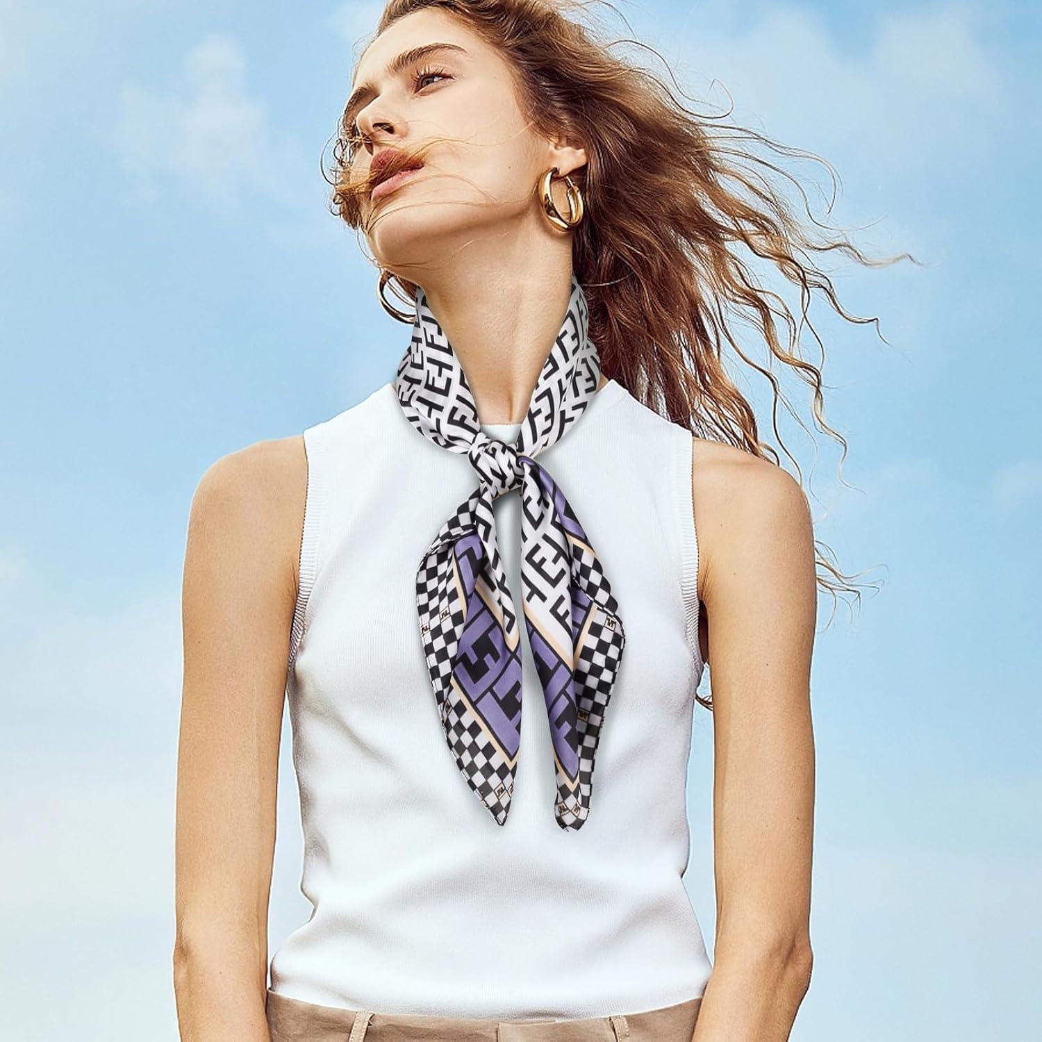 imageEXTREE Fashion Silky Satin Headscarf for Women Girls Exquisite Pattern Lightweight Silk Graceful Scarfs 275 x 275 inchesEt Blue Edge