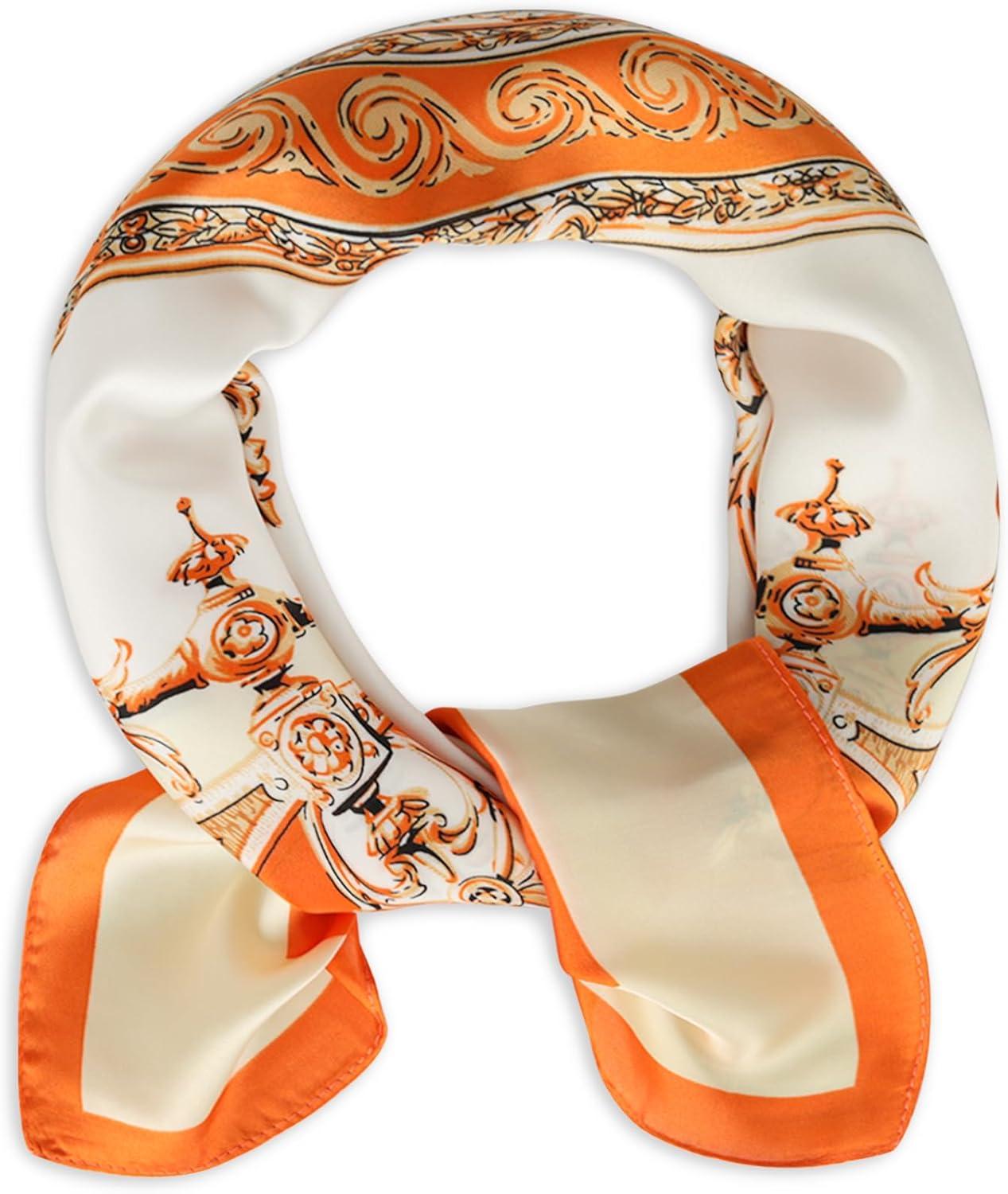 imageEXTREE Fashion Silky Satin Headscarf for Women Girls Exquisite Pattern Lightweight Silk Graceful Scarfs 275 x 275 inchesEuropean Round Orange