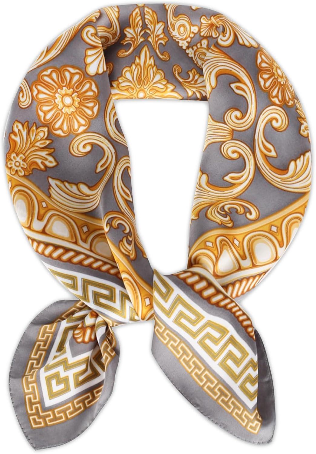 imageEXTREE Fashion Silky Satin Headscarf for Women Girls Exquisite Pattern Lightweight Silk Graceful Scarfs 275 x 275 inchesFlower Vine Gray Background