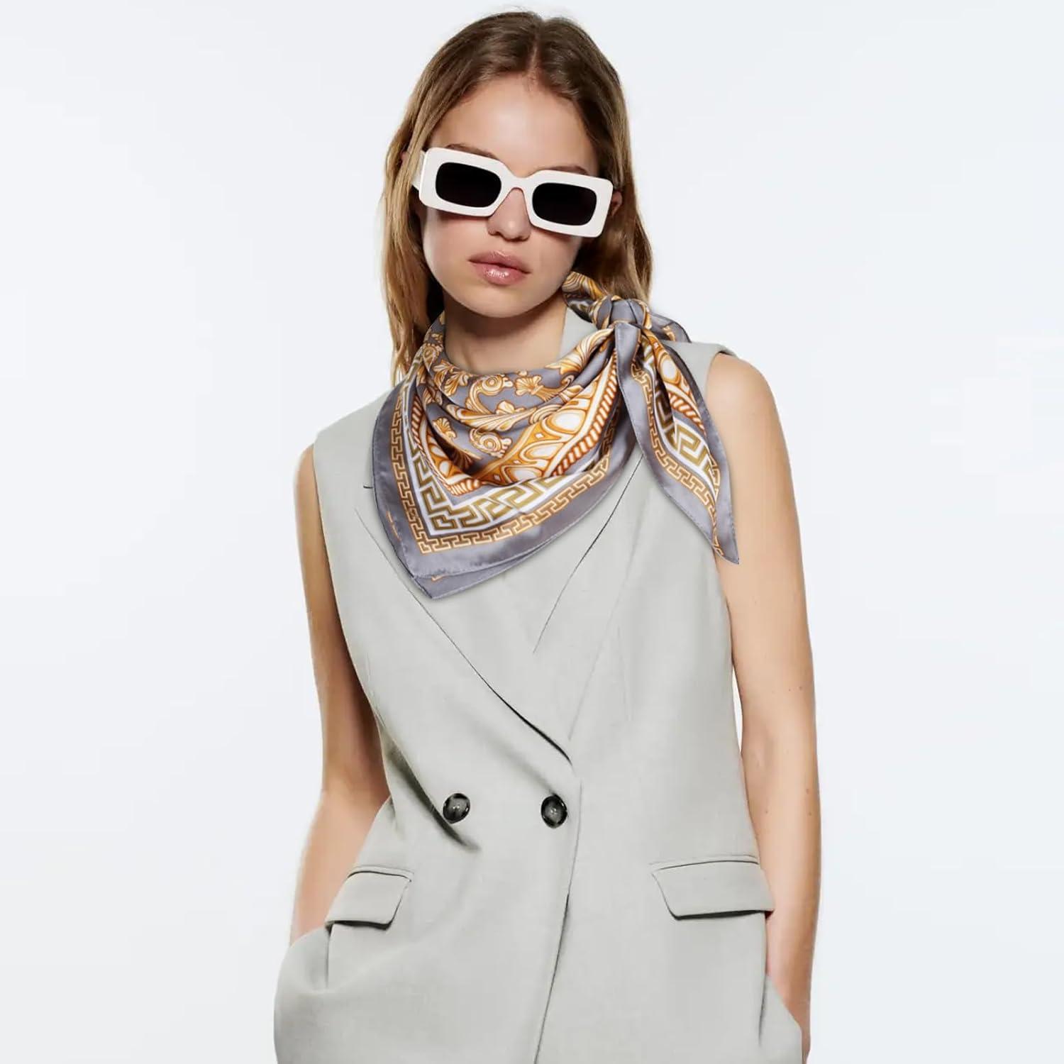 imageEXTREE Fashion Silky Satin Headscarf for Women Girls Exquisite Pattern Lightweight Silk Graceful Scarfs 275 x 275 inchesFlower Vine Gray Background