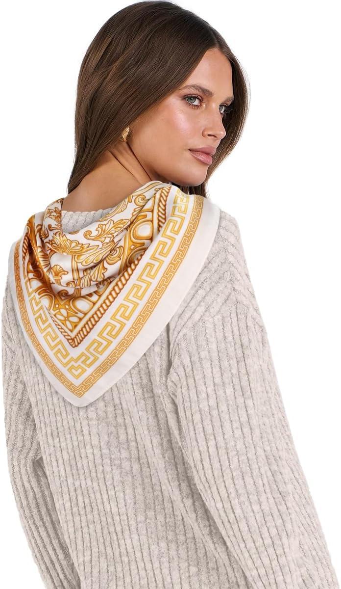 imageEXTREE Fashion Silky Satin Headscarf for Women Girls Exquisite Pattern Lightweight Silk Graceful Scarfs 275 x 275 inchesFlower Vine White Background