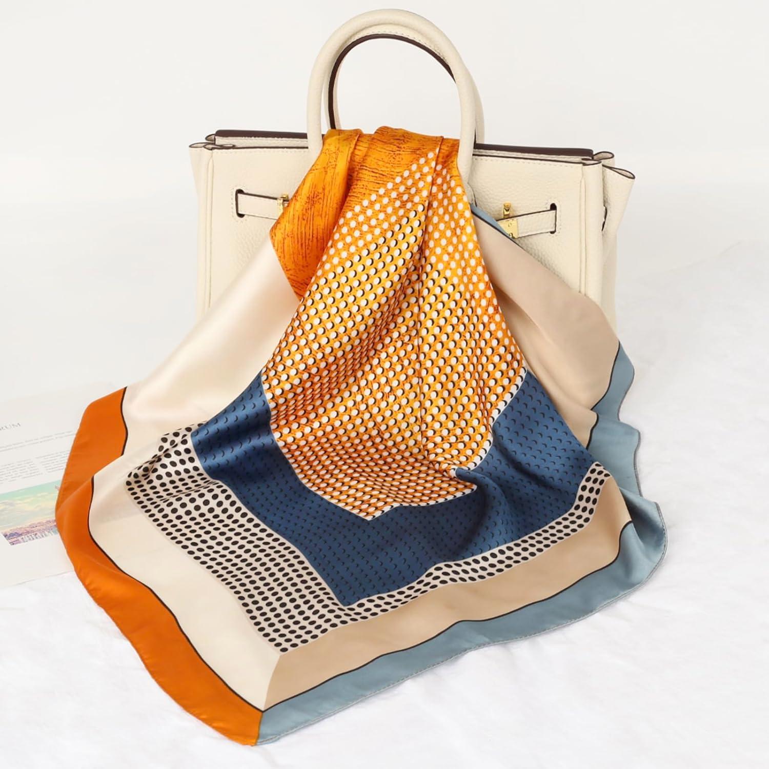 imageEXTREE Fashion Silky Satin Headscarf for Women Girls Exquisite Pattern Lightweight Silk Graceful Scarfs 275 x 275 inchesFrame Orange Blue