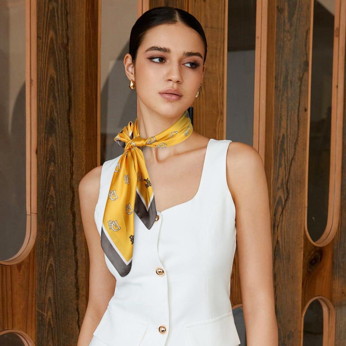 imageEXTREE Fashion Silky Satin Headscarf for Women Girls Exquisite Pattern Lightweight Silk Graceful Scarfs 275 x 275 inchesGinger Letter D