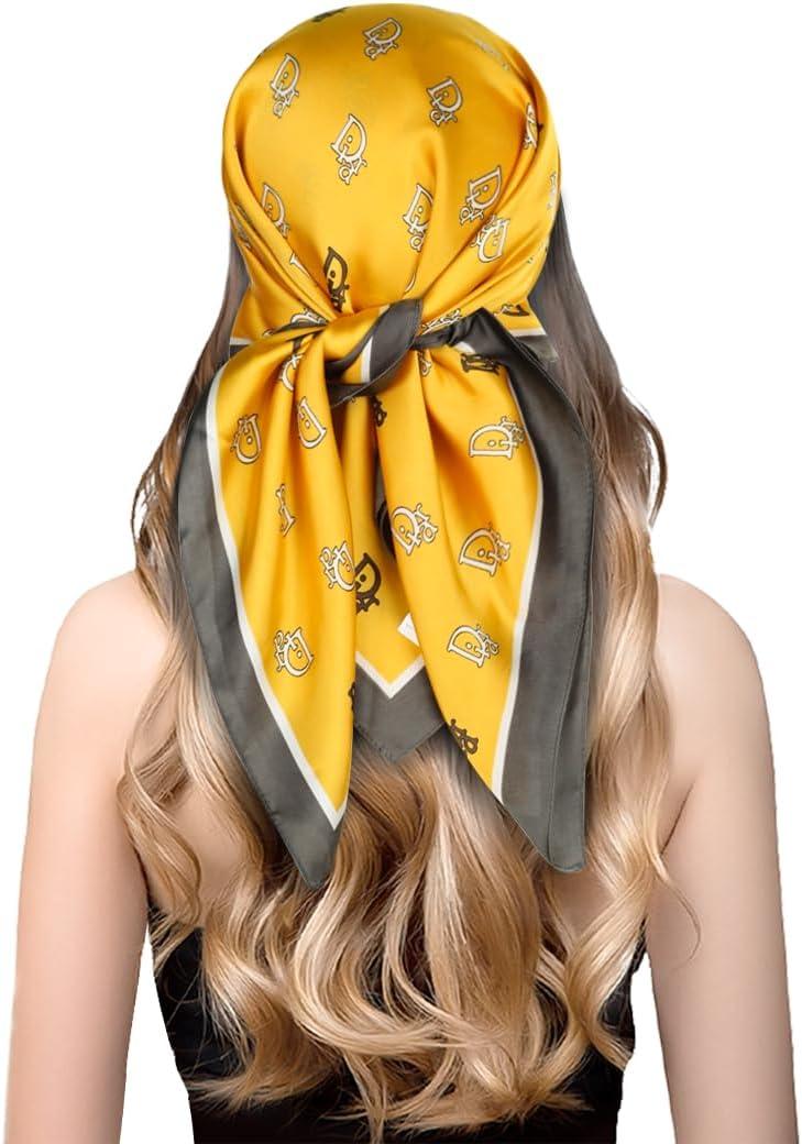 imageEXTREE Fashion Silky Satin Headscarf for Women Girls Exquisite Pattern Lightweight Silk Graceful Scarfs 275 x 275 inchesGinger Letter D