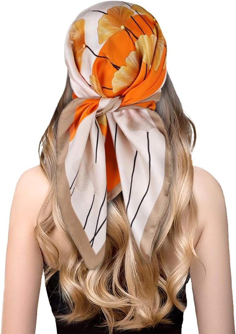 imageEXTREE Fashion Silky Satin Headscarf for Women Girls Exquisite Pattern Lightweight Silk Graceful Scarfs 275 x 275 inchesGinkgo Leaf Orange