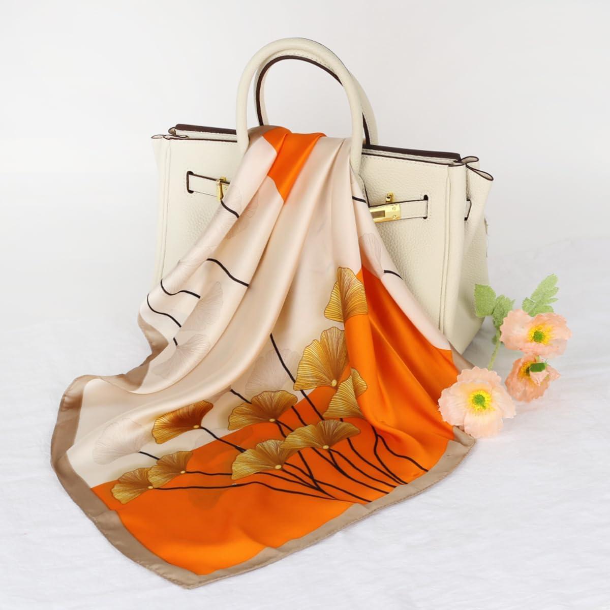 imageEXTREE Fashion Silky Satin Headscarf for Women Girls Exquisite Pattern Lightweight Silk Graceful Scarfs 275 x 275 inchesGinkgo Leaf Orange