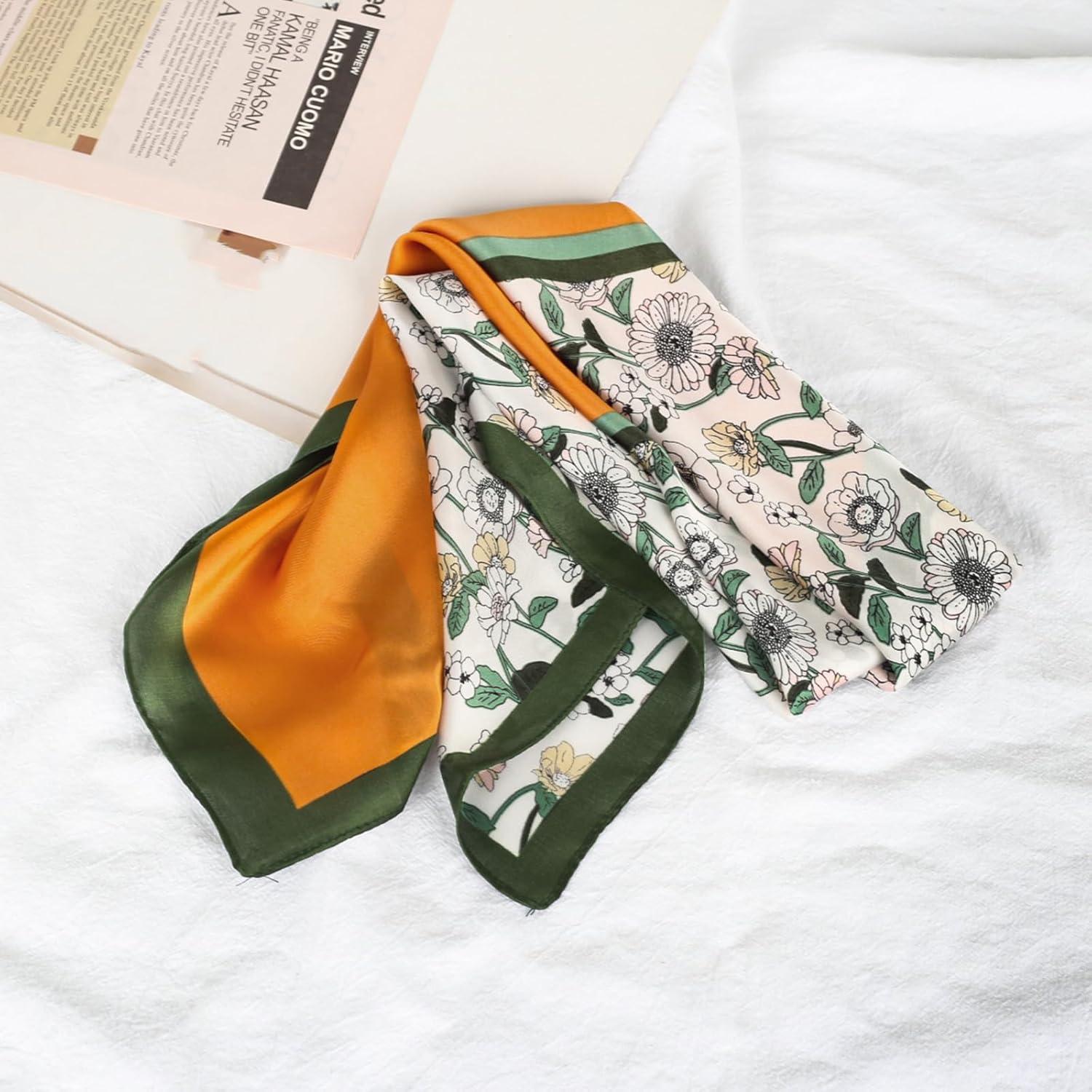 imageEXTREE Fashion Silky Satin Headscarf for Women Girls Exquisite Pattern Lightweight Silk Graceful Scarfs 275 x 275 inchesGreen Floral Frame