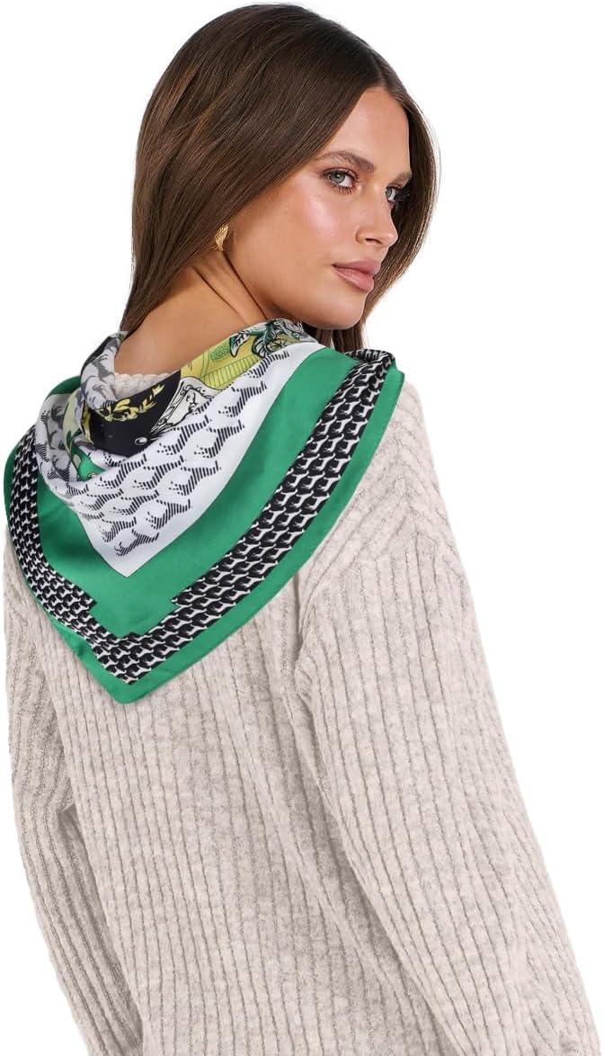 imageEXTREE Fashion Silky Satin Headscarf for Women Girls Exquisite Pattern Lightweight Silk Graceful Scarfs 275 x 275 inchesGreen Sky