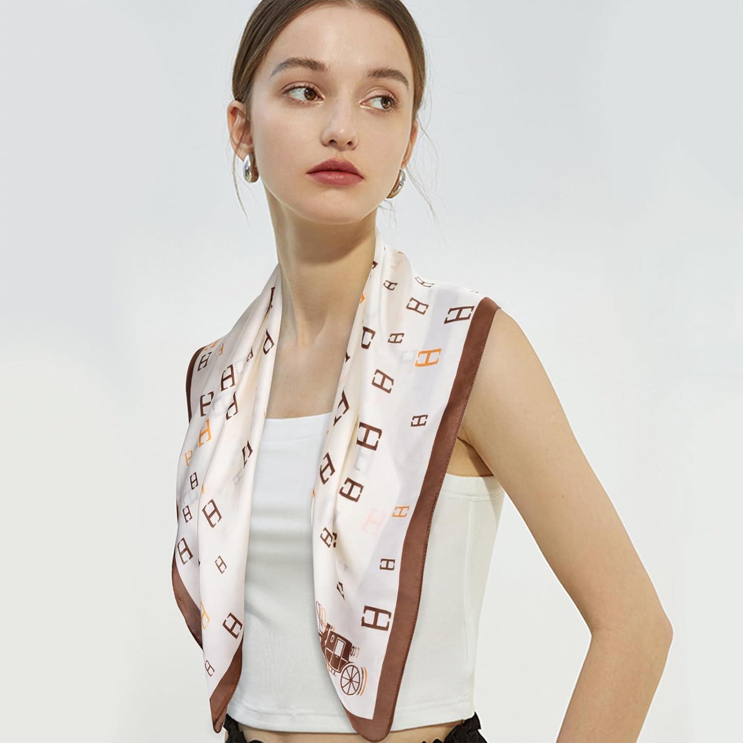 imageEXTREE Fashion Silky Satin Headscarf for Women Girls Exquisite Pattern Lightweight Silk Graceful Scarfs 275 x 275 inchesH Carriage Off White